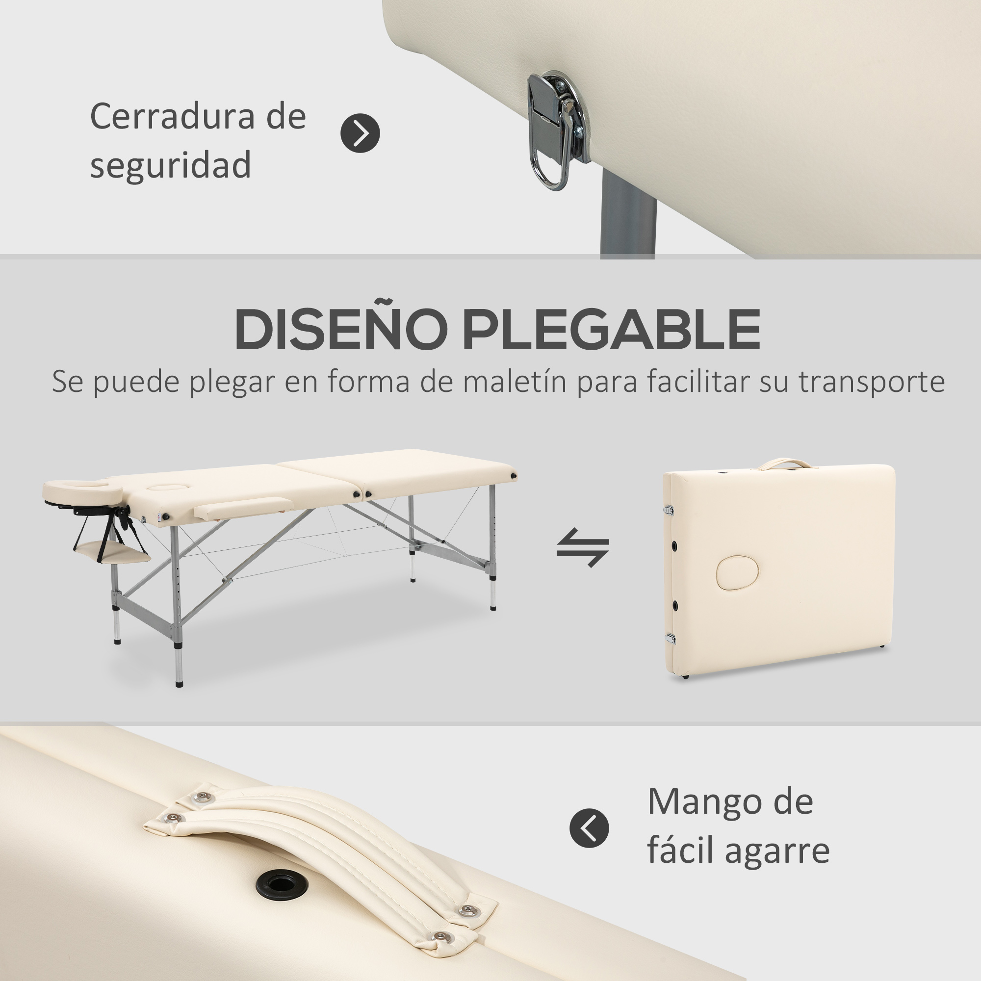 Mesa de masaje beige portátil, abierta y plegada en maletín.