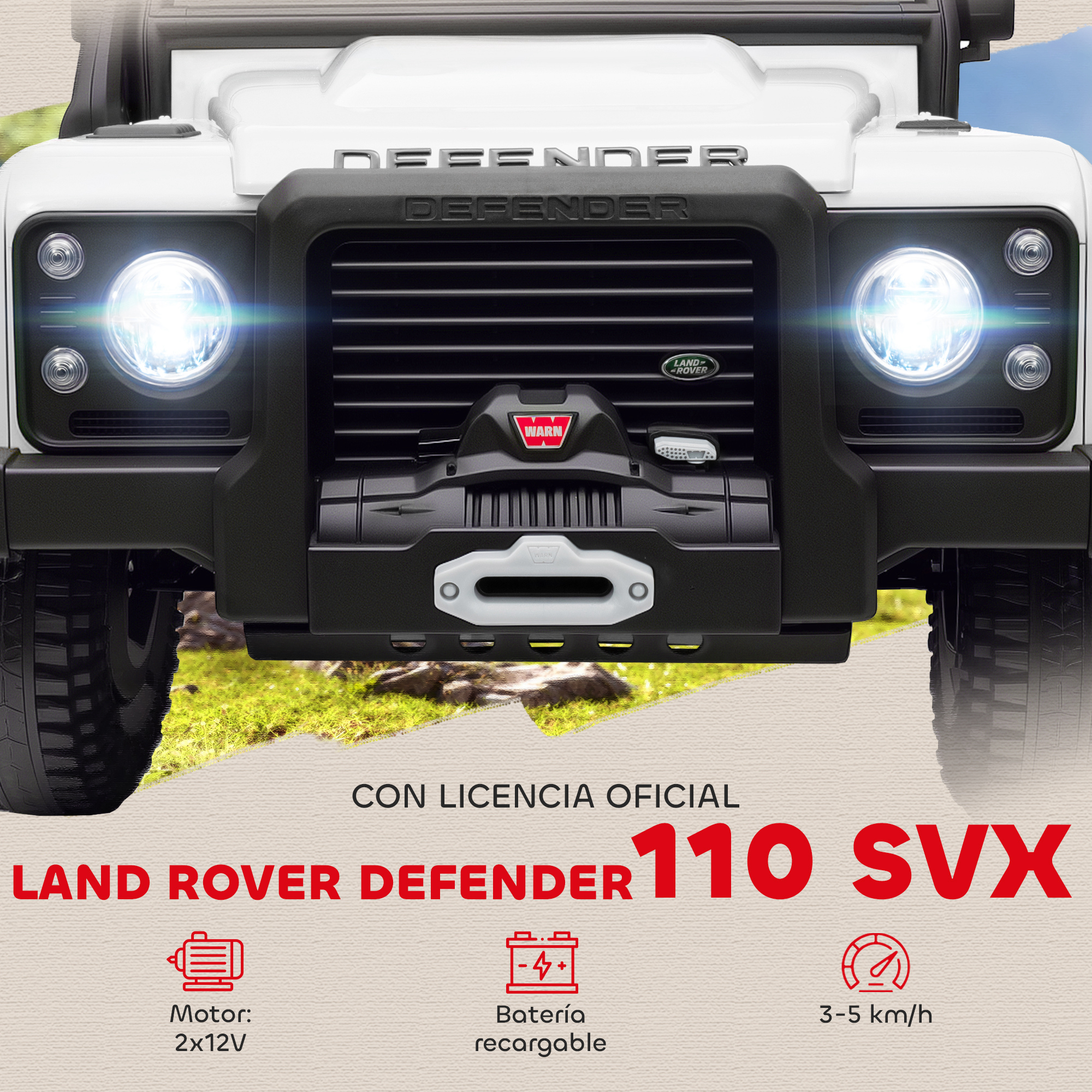 Un SUV de juguete Land Rover Defender blanco con faros iluminados.