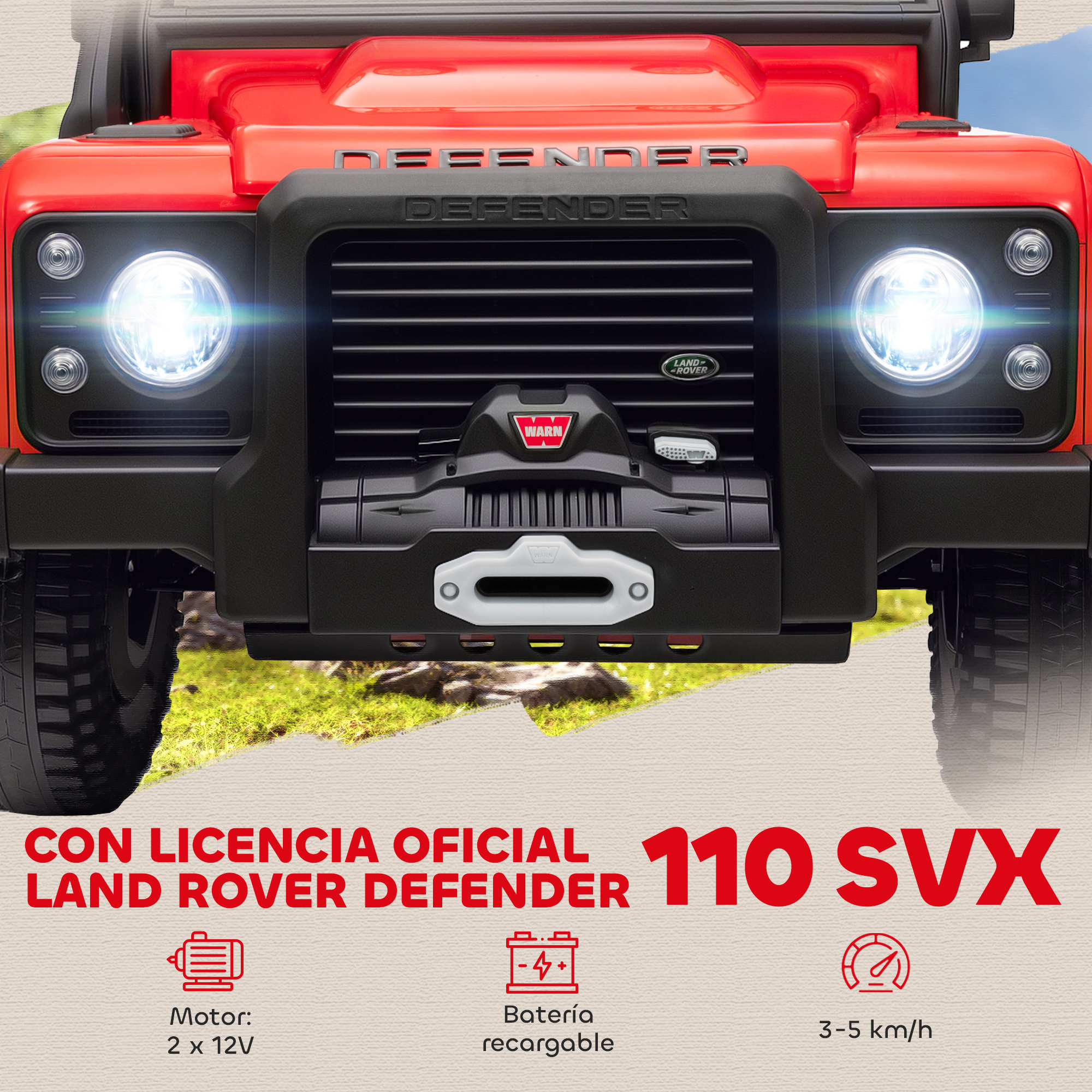 Vista frontal de coche de juguete Land Rover Defender rojo, faros encendidos.