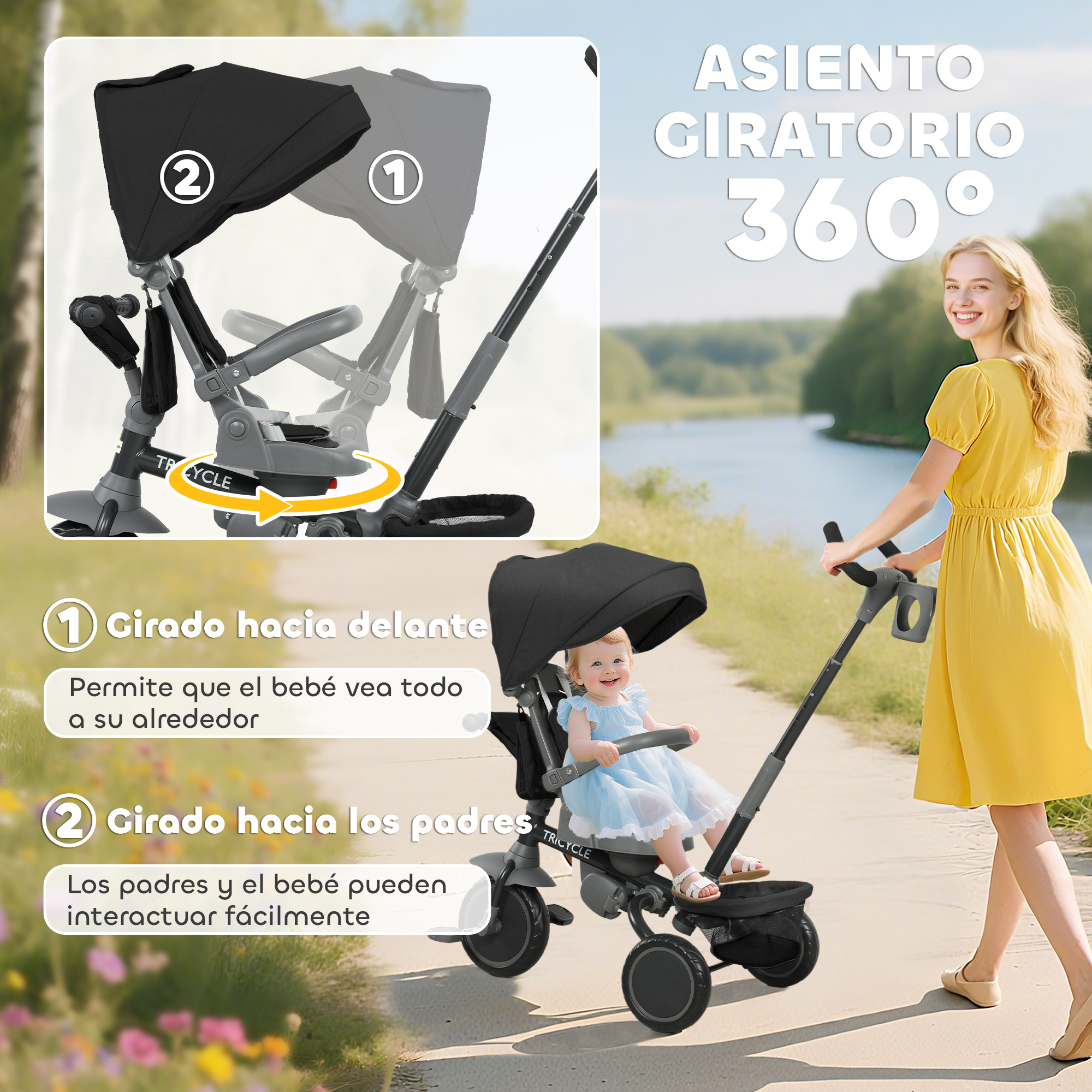 Una mujer empuja un cochecito triciclo con un bebé. El asiento gira 360 grados.