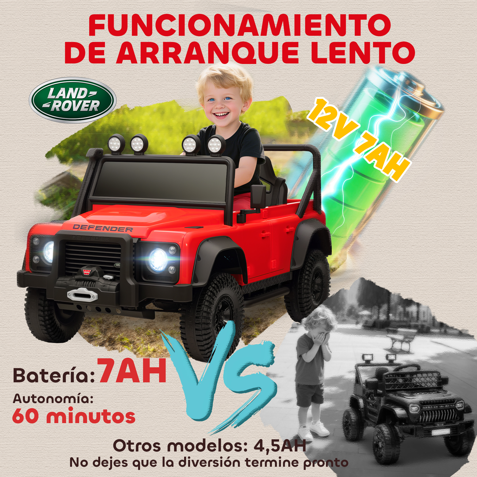 Coche de juguete rojo con niño, al lado un coche negro y un indicador de batería.