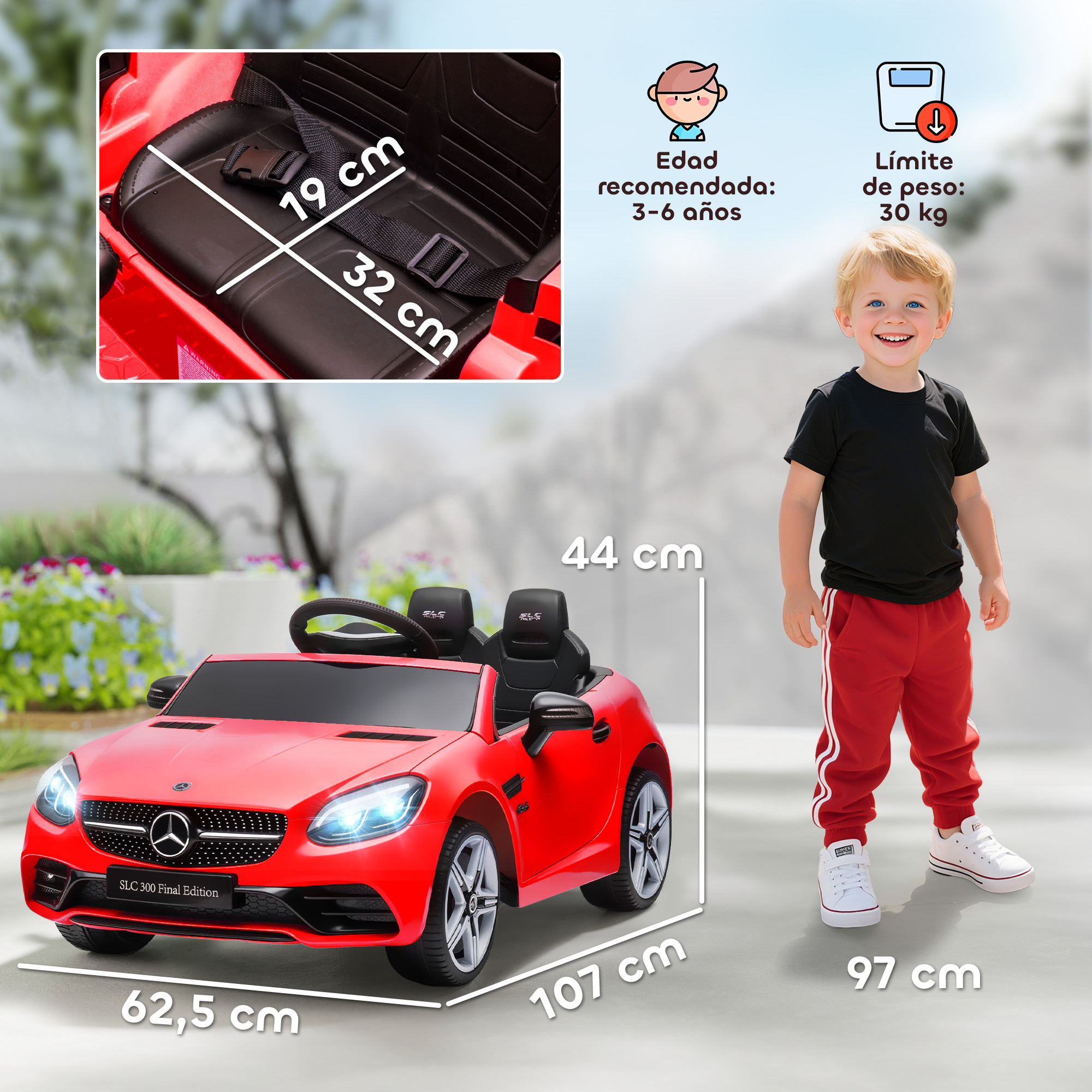Coche de juguete rojo con un niño, se muestran dimensiones.