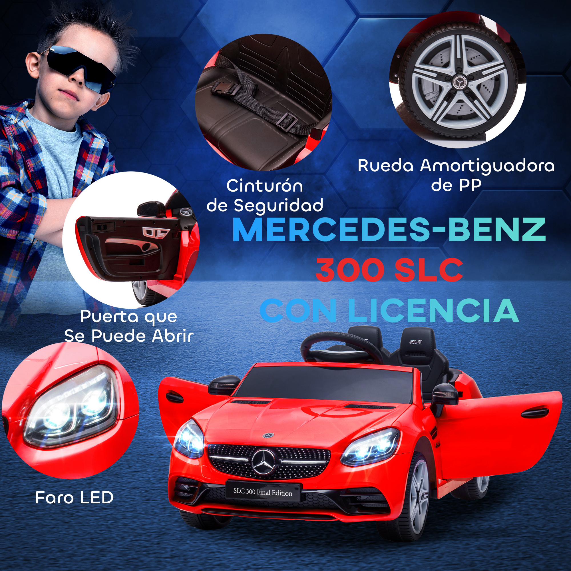 Coche eléctrico infantil Mercedes-Benz rojo con puertas abiertas y faros.