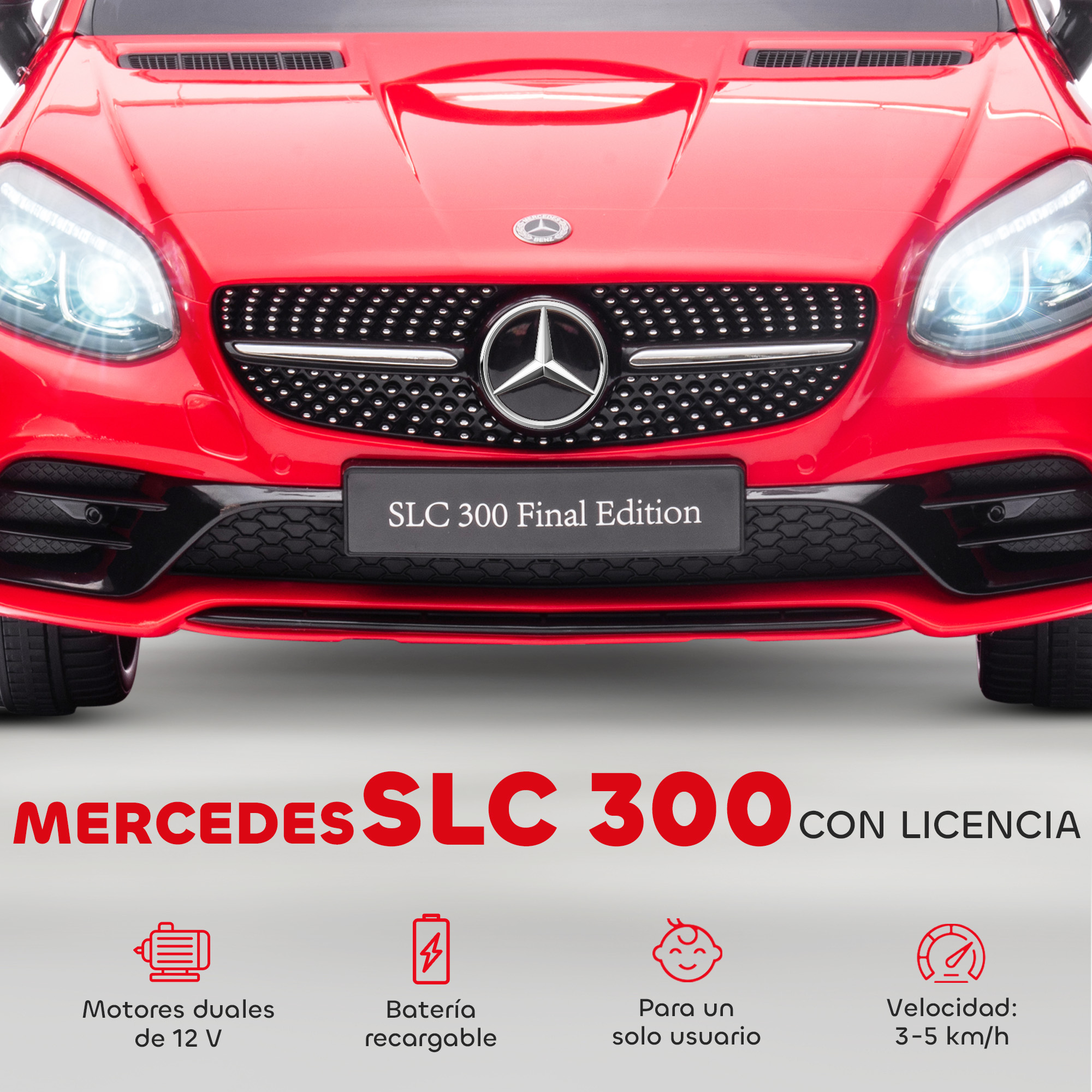 Coche de juguete rojo Mercedes SLC 300 vista frontal con luces y parrilla.
