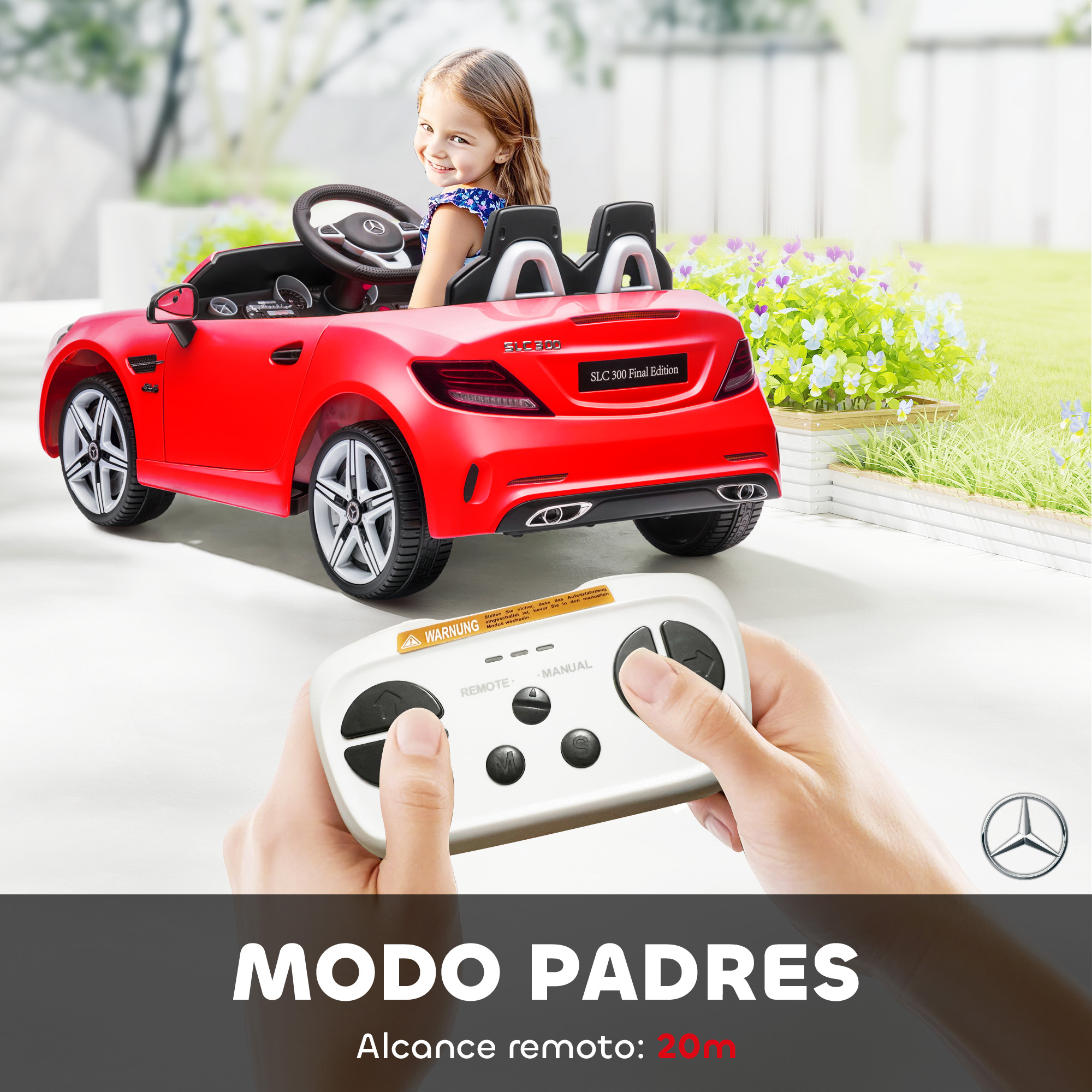 Un coche de juguete rojo con una niña al volante es controlado por un mando.