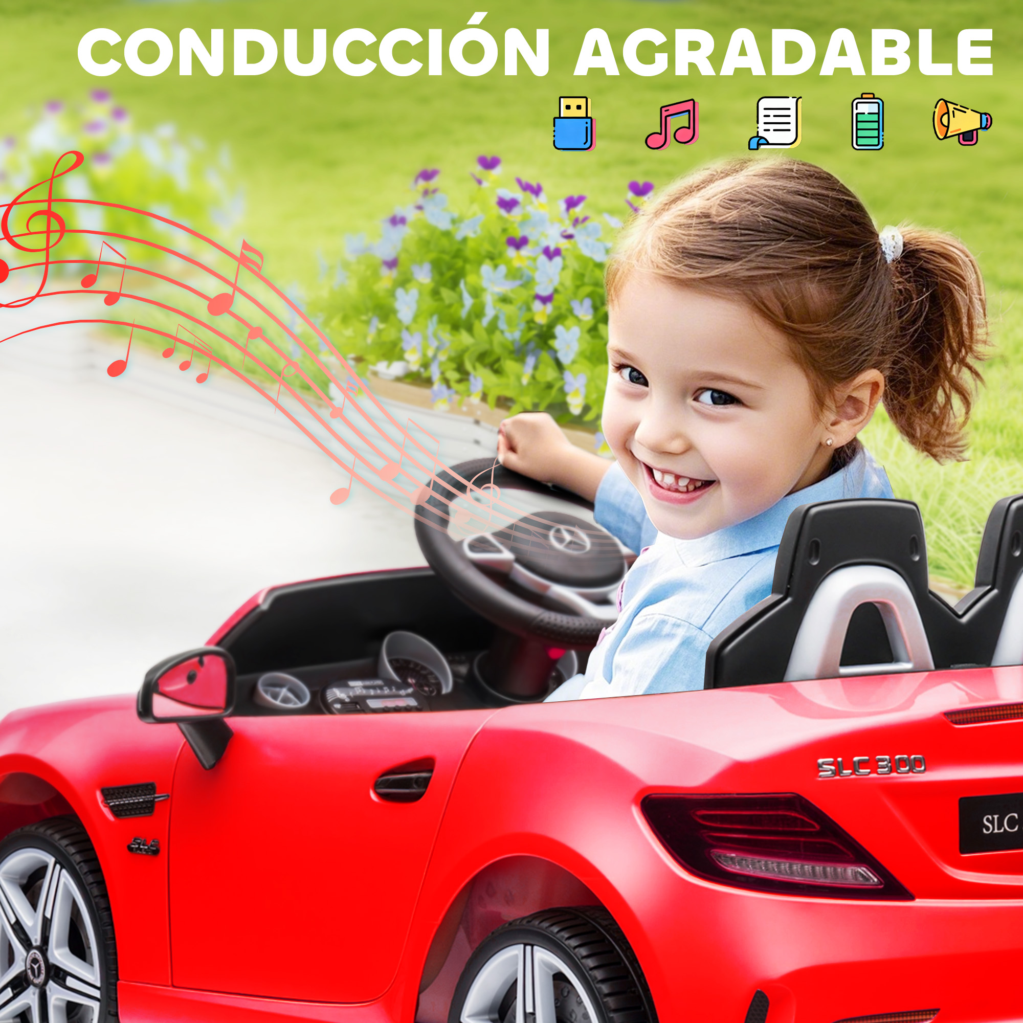 Una niña conduce un coche de juguete rojo al aire libre, con notas musicales volando.