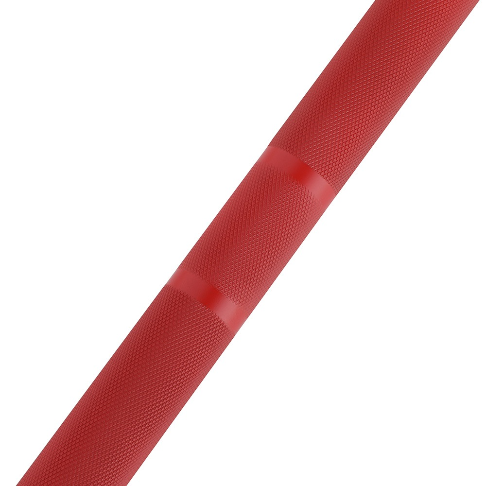 Un agarre de barra roja con moleteado y dos anillos lisos.