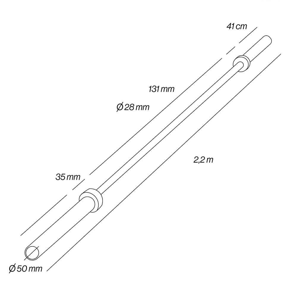 Dibujo técnico de una barra de pesas con dimensiones: 2,2m L, 50mm Ø, 28mm Ø agarre.