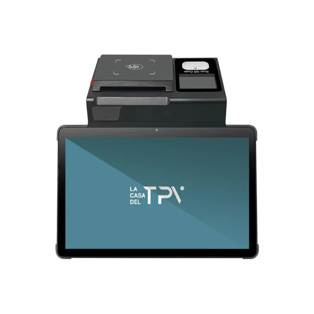 Un dispositivo TPV negro con tablet y lector de tarjetas.