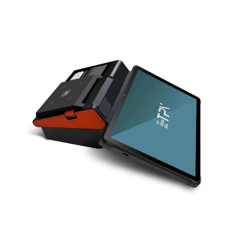 Una terminal de tarjetas negra y naranja con pantalla de tableta.