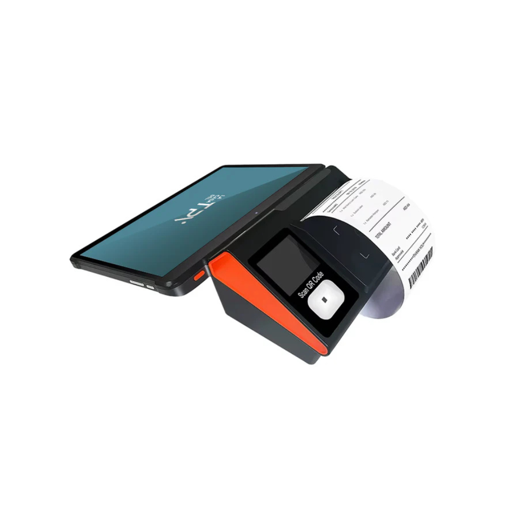 Un terminal TPV con una tableta y un rollo de recibo.