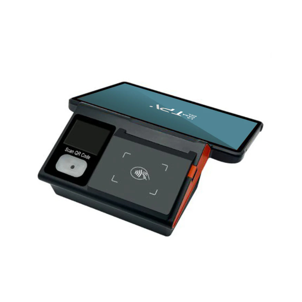 Un terminal de punto de venta negro con escáner de código QR, pantalla táctil y lector de tarjetas.