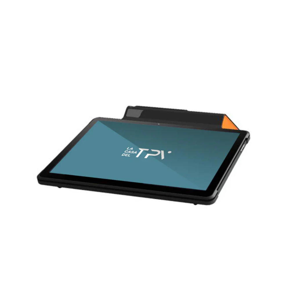 Una tableta negra con pantalla azul que muestra un logo.