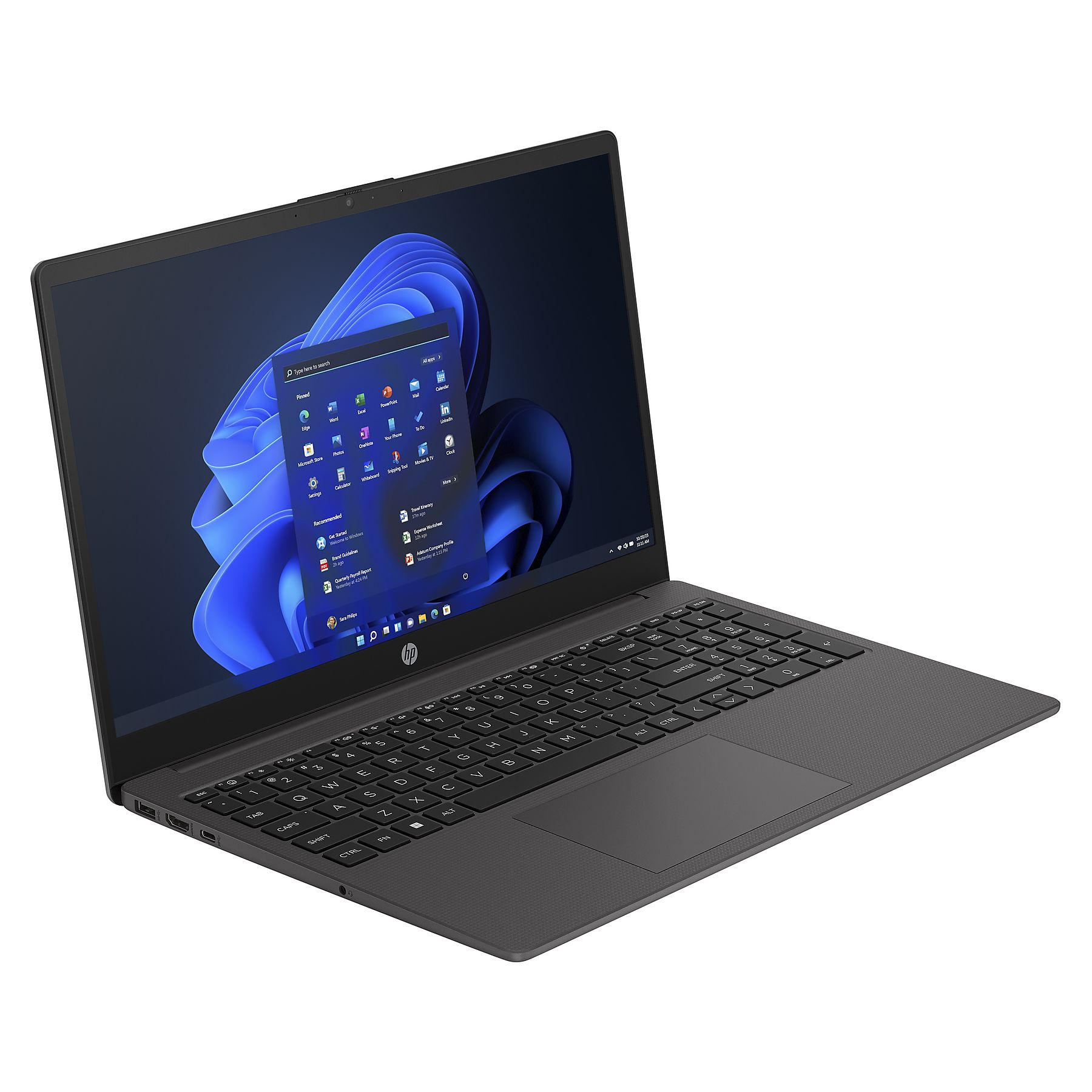 Ein dunkler HP Laptop mit geöffnetem Windows 11 Startmenü und Tastatur.
