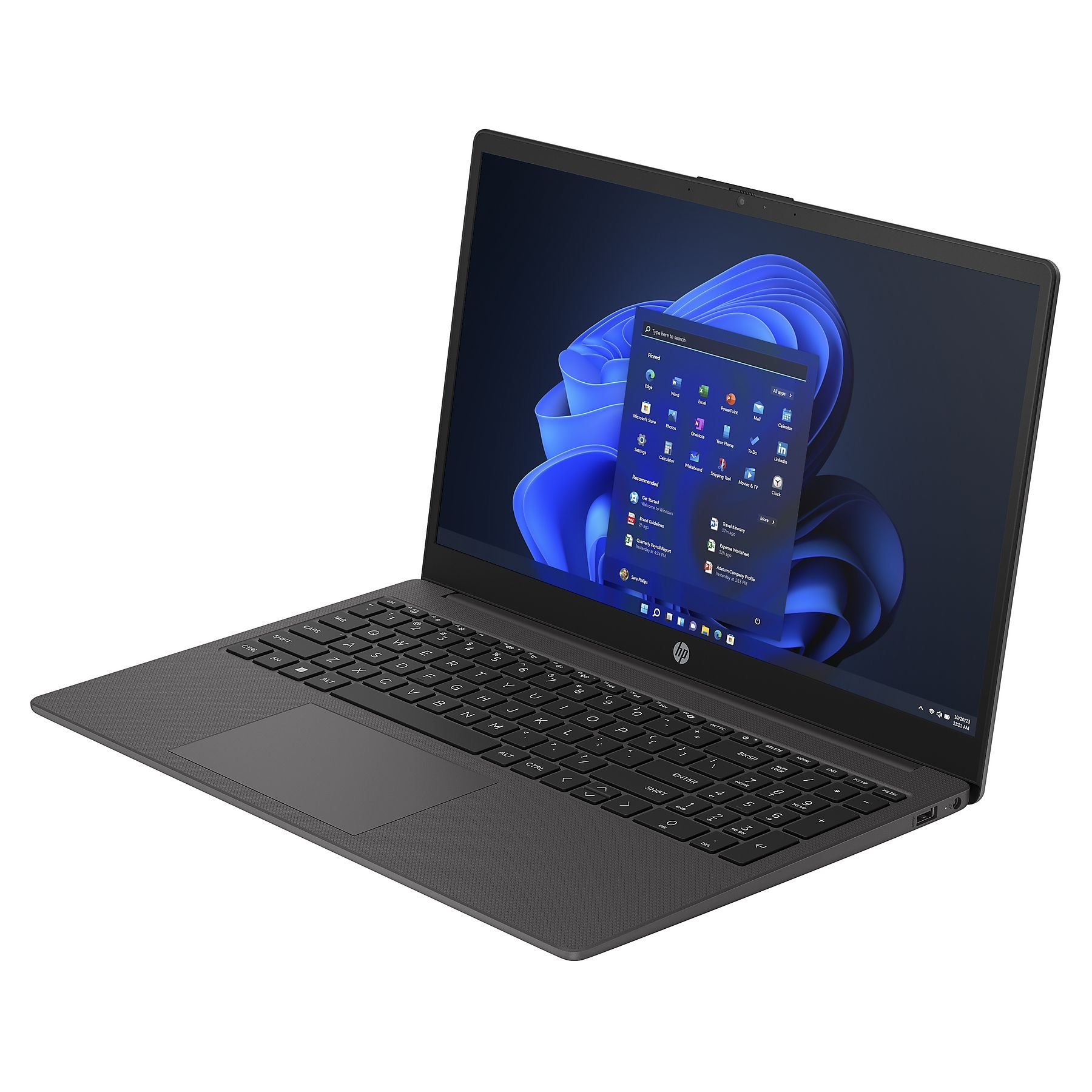Ein graues HP Laptop mit Windows-Startmenü und Tastatur.