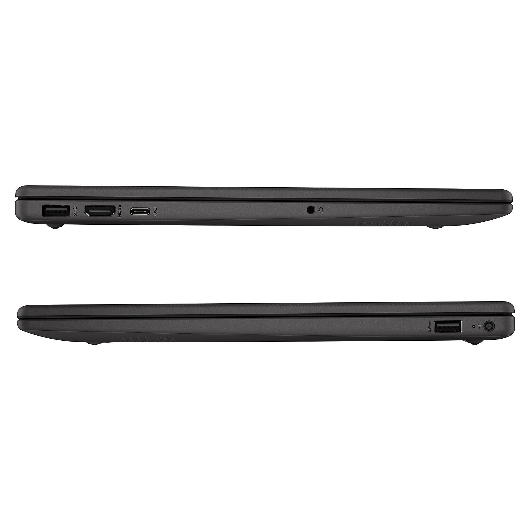 Seitenansicht eines schwarzen Laptops mit USB-, HDMI- und USB-C-Anschlüssen.