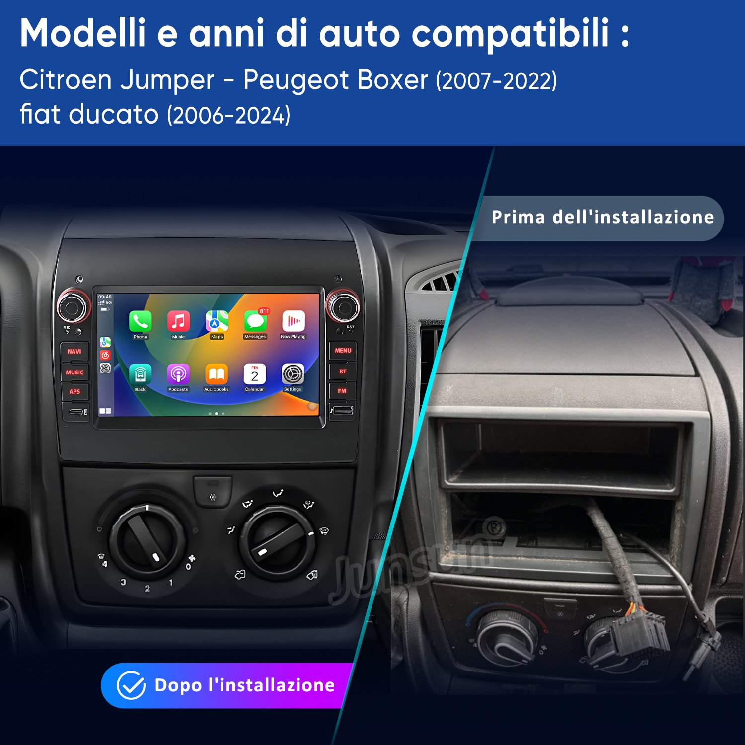 Cruscotto auto prima e dopo l'installazione di una nuova autoradio. Sinistra mostra nuova radio, destra spazio vuoto.