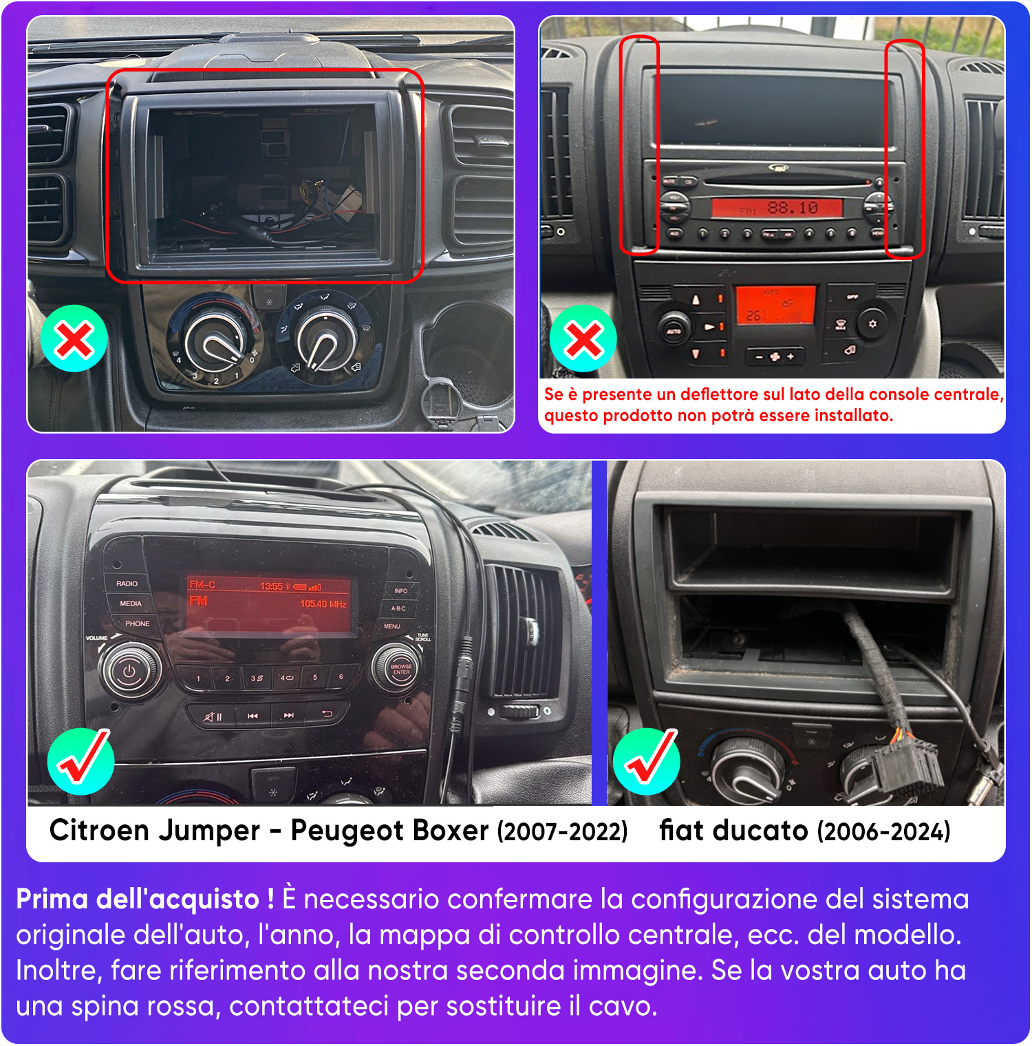 Aperture installazione autoradio per Citroen Jumper, Peugeot Boxer e Fiat Ducato.