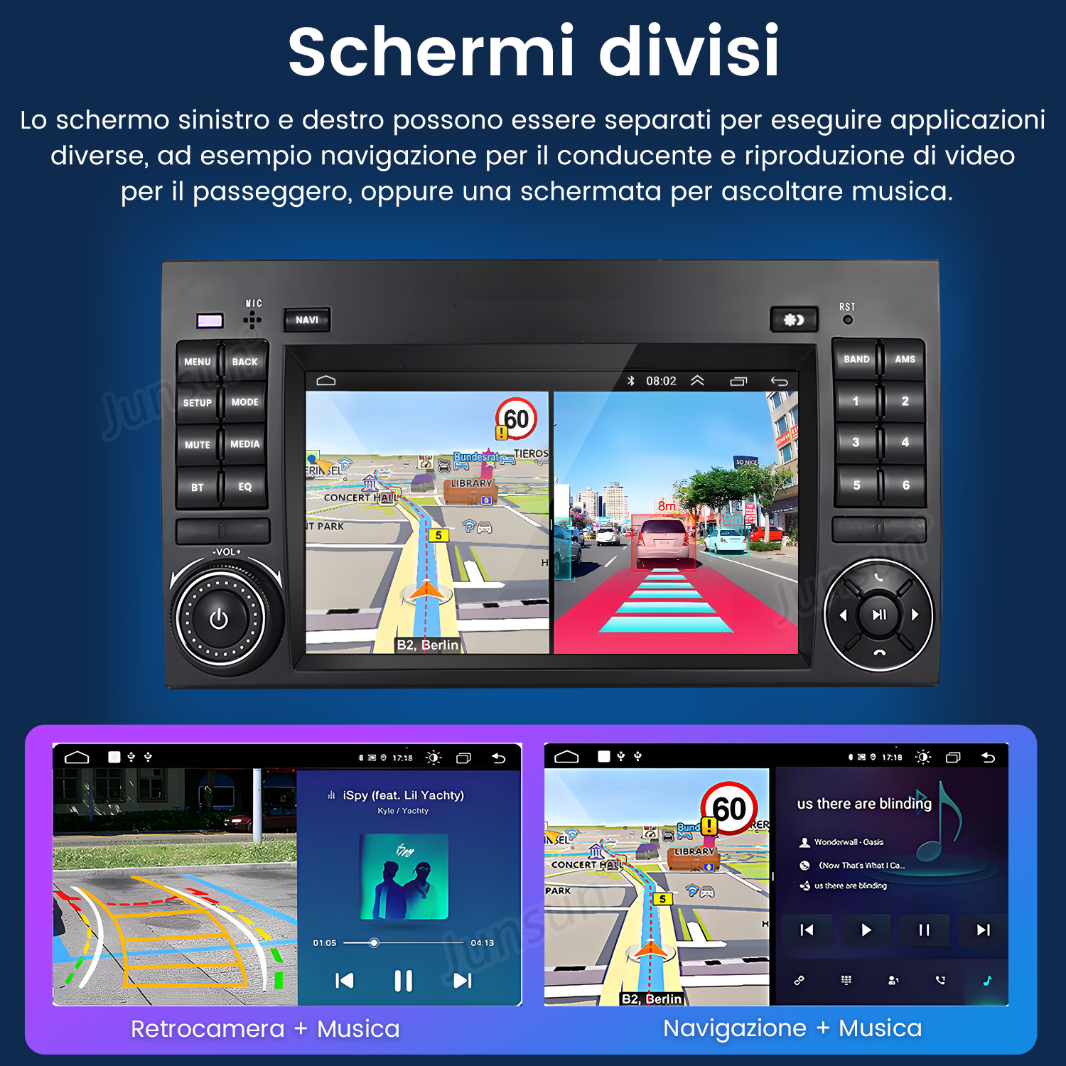 Schermi divisi mostrano navigazione e musica su un display da autoradio.