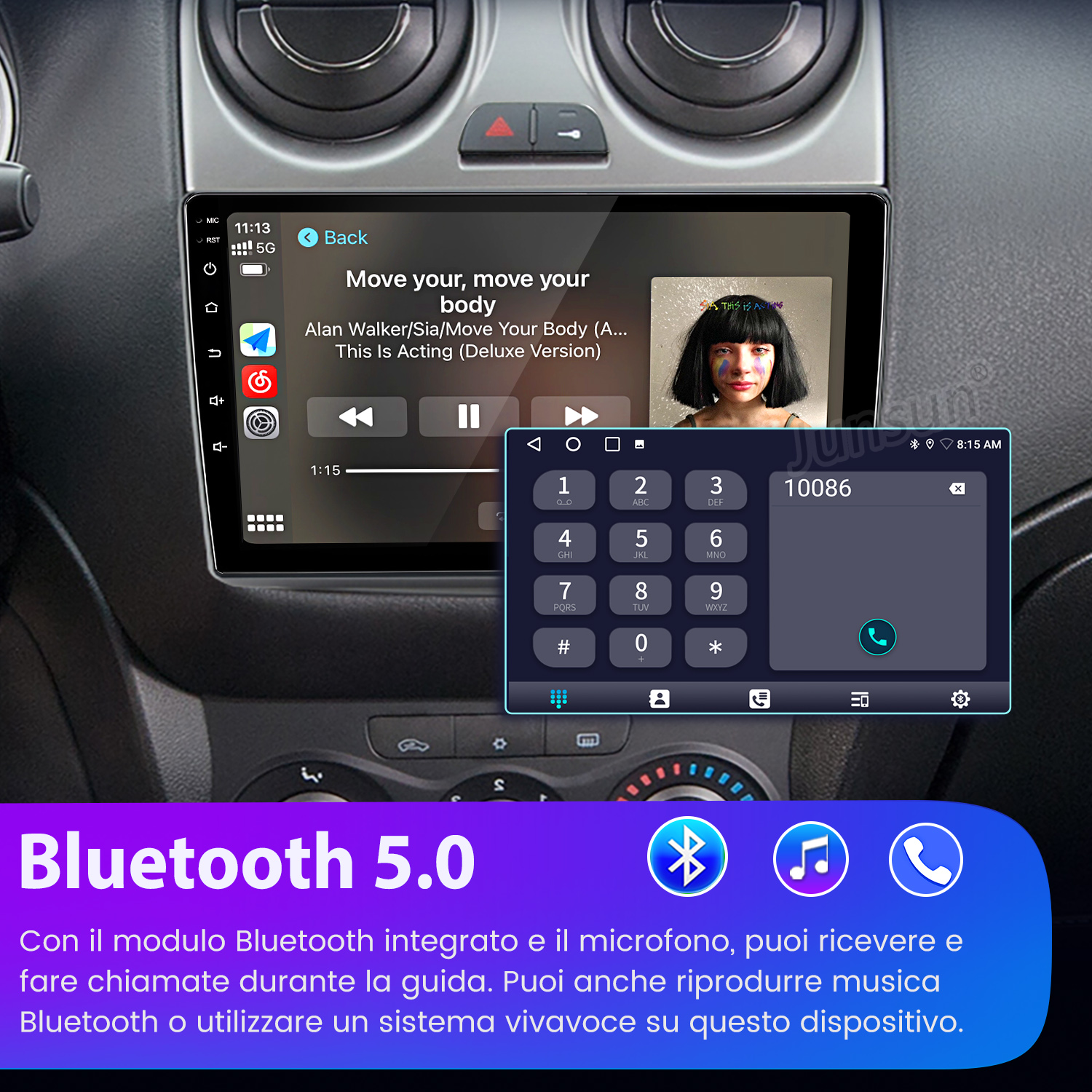 Schermo infotainment auto con riproduzione musicale e tastierino numerico.
