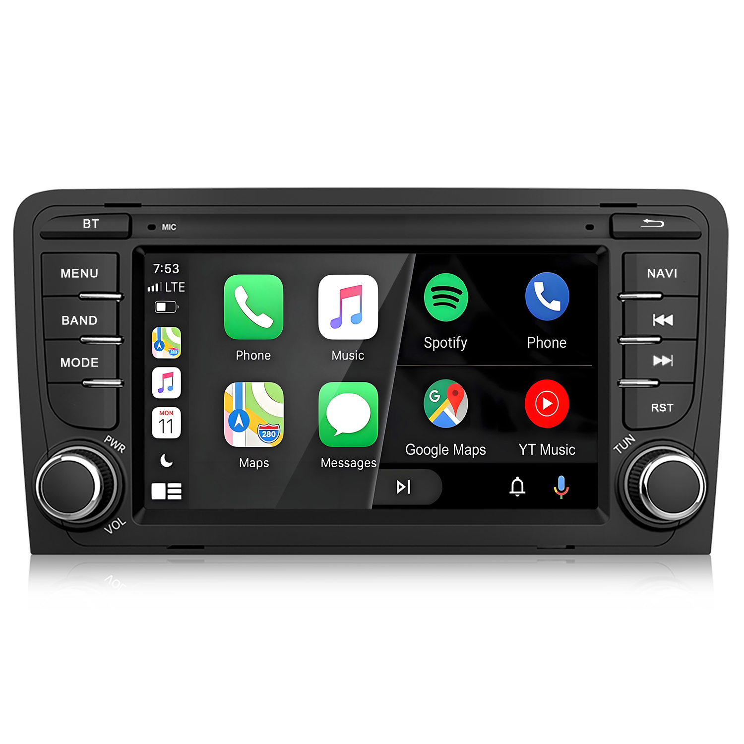 Schermo infotainment auto con Apple CarPlay con app Telefono, Musica, Spotify, Mappe.