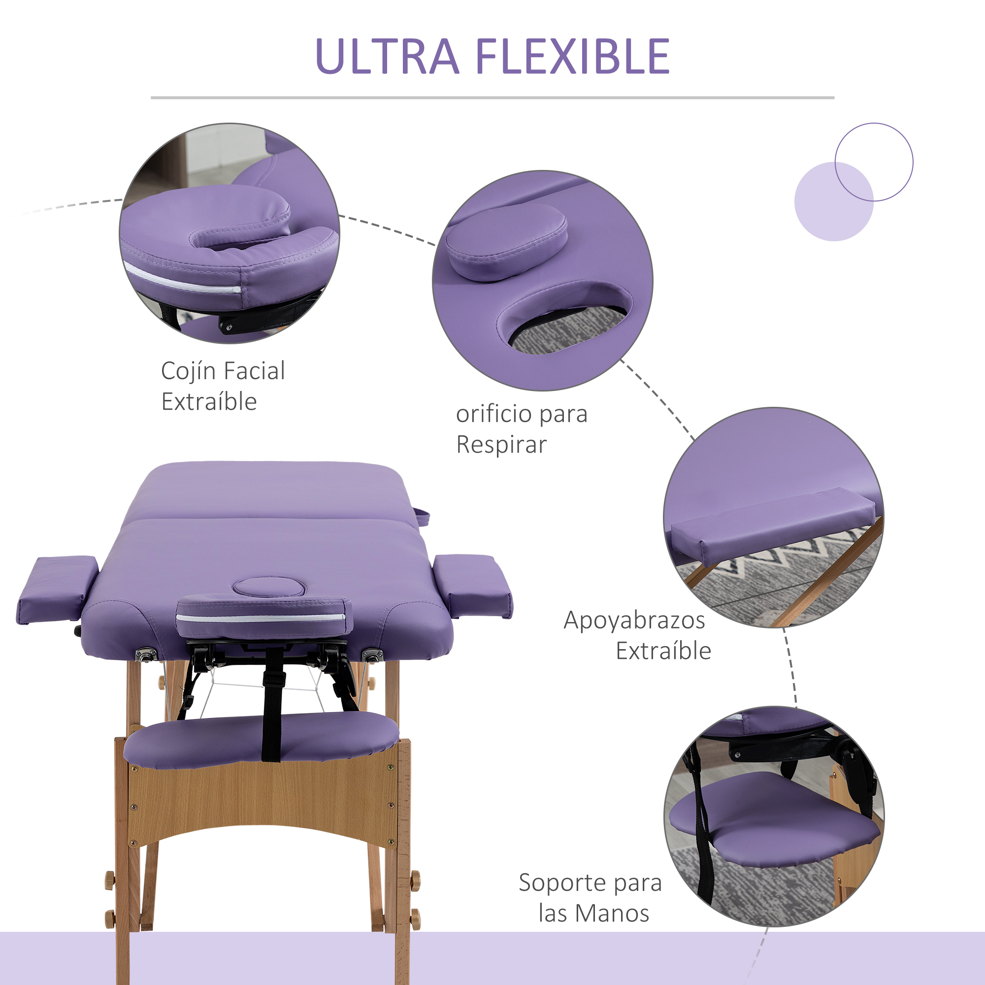 Mesa de masaje morada con reposabrazos y cojín facial.