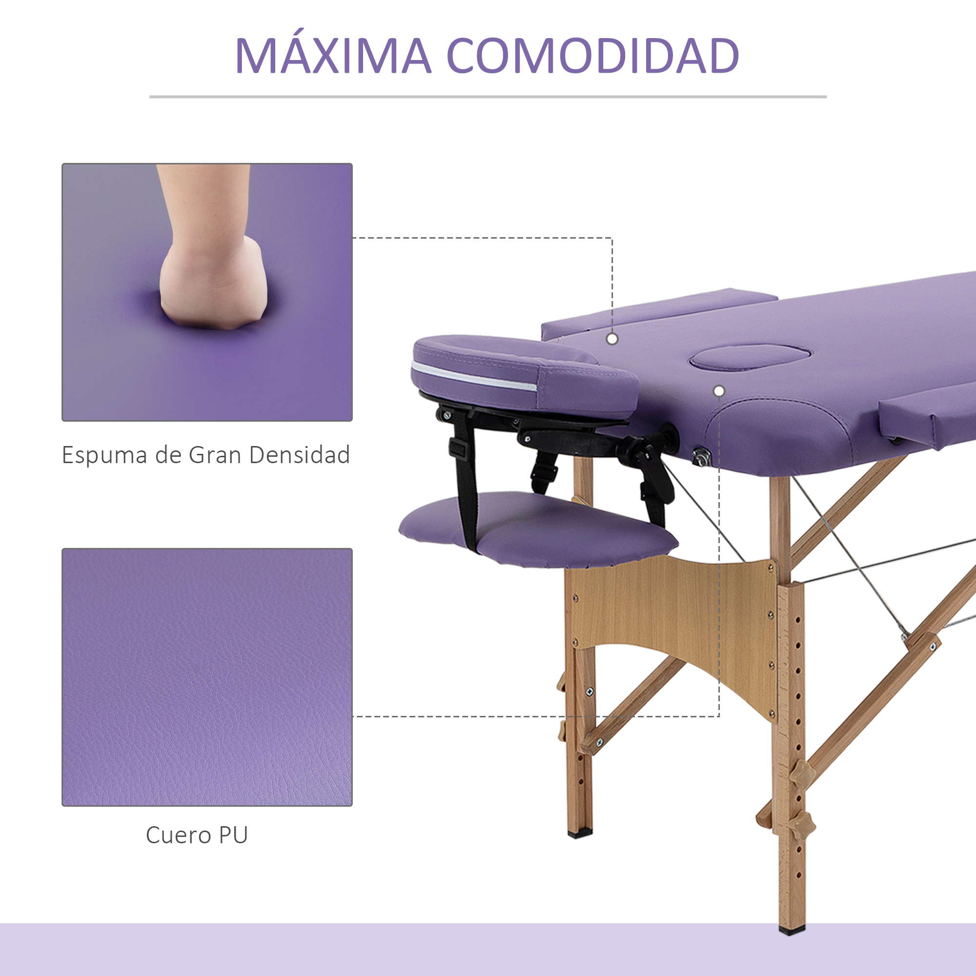 Mesa de masaje morada con patas de madera, espuma y detalles de cuero PU.