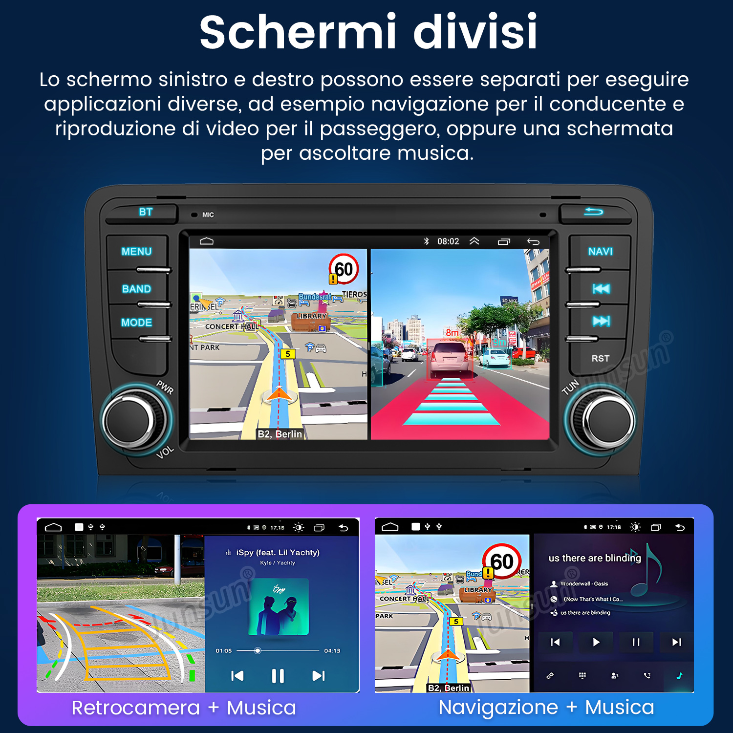Un autoradio con schermi divisi mostra navigazione e lettore musicale. Lo schermo sinistro mostra la vista della telecamera posteriore.
