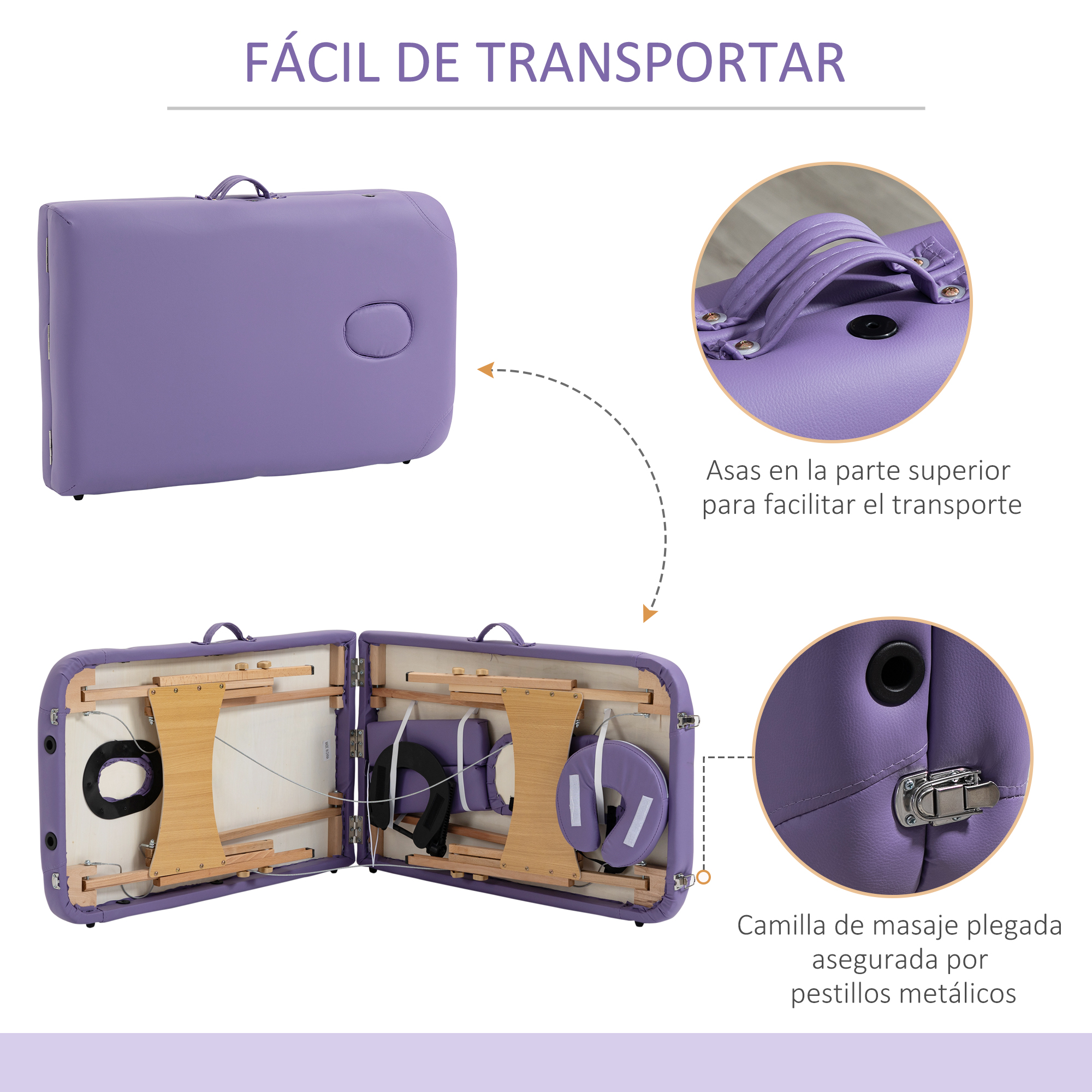 Mesa de masaje púrpura, plegada y asegurada con pestillos metálicos.