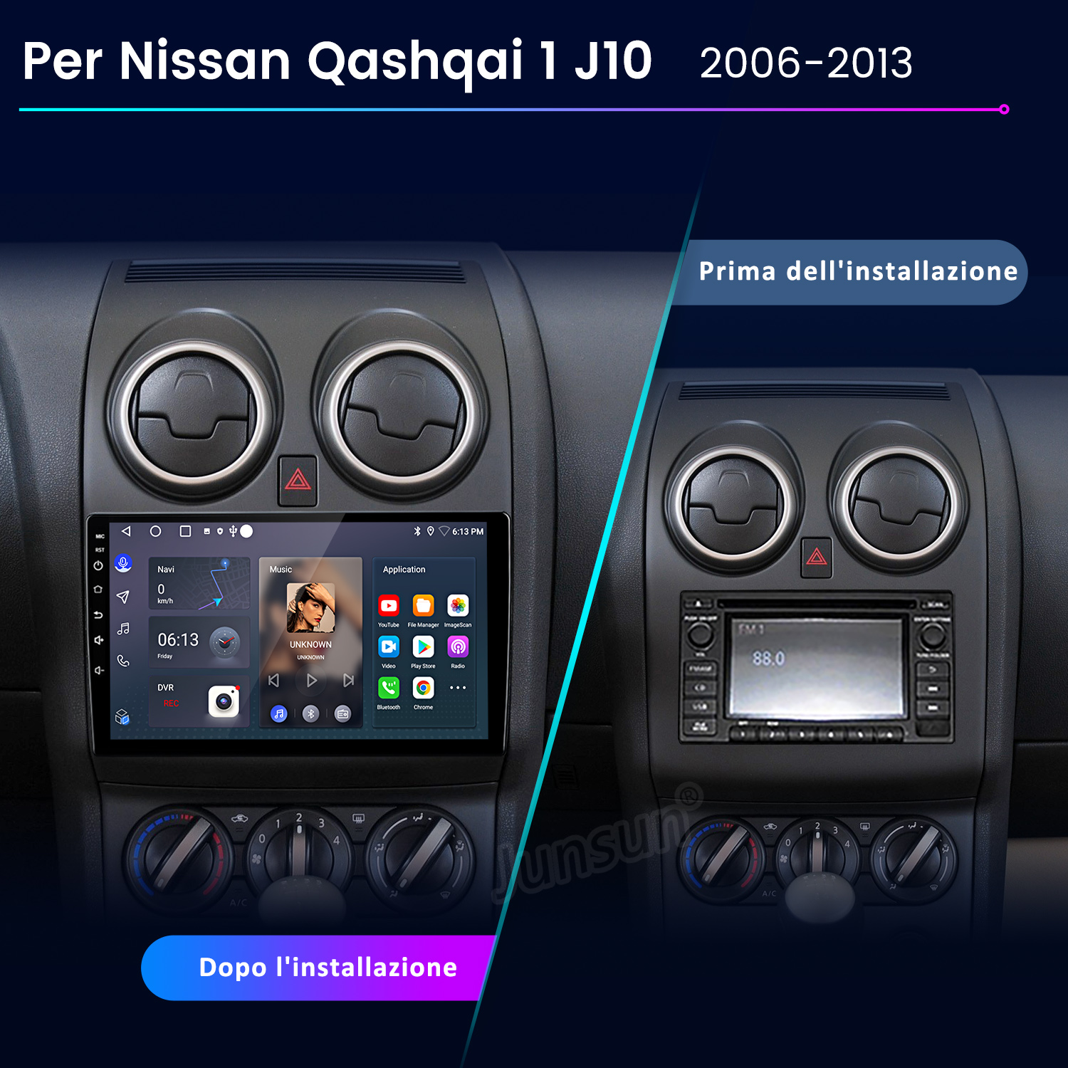 Confronto prima e dopo di una autoradio Nissan Qashqai J10.