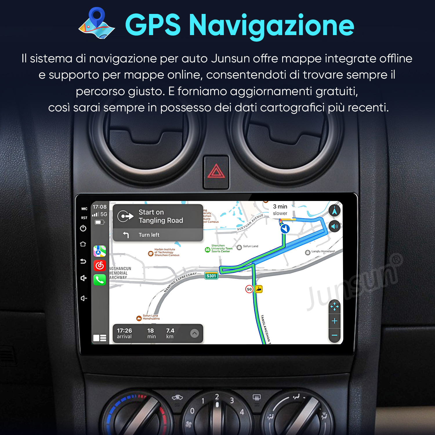 Un sistema di navigazione per auto mostra un percorso su un touchscreen con informazioni sul traffico.