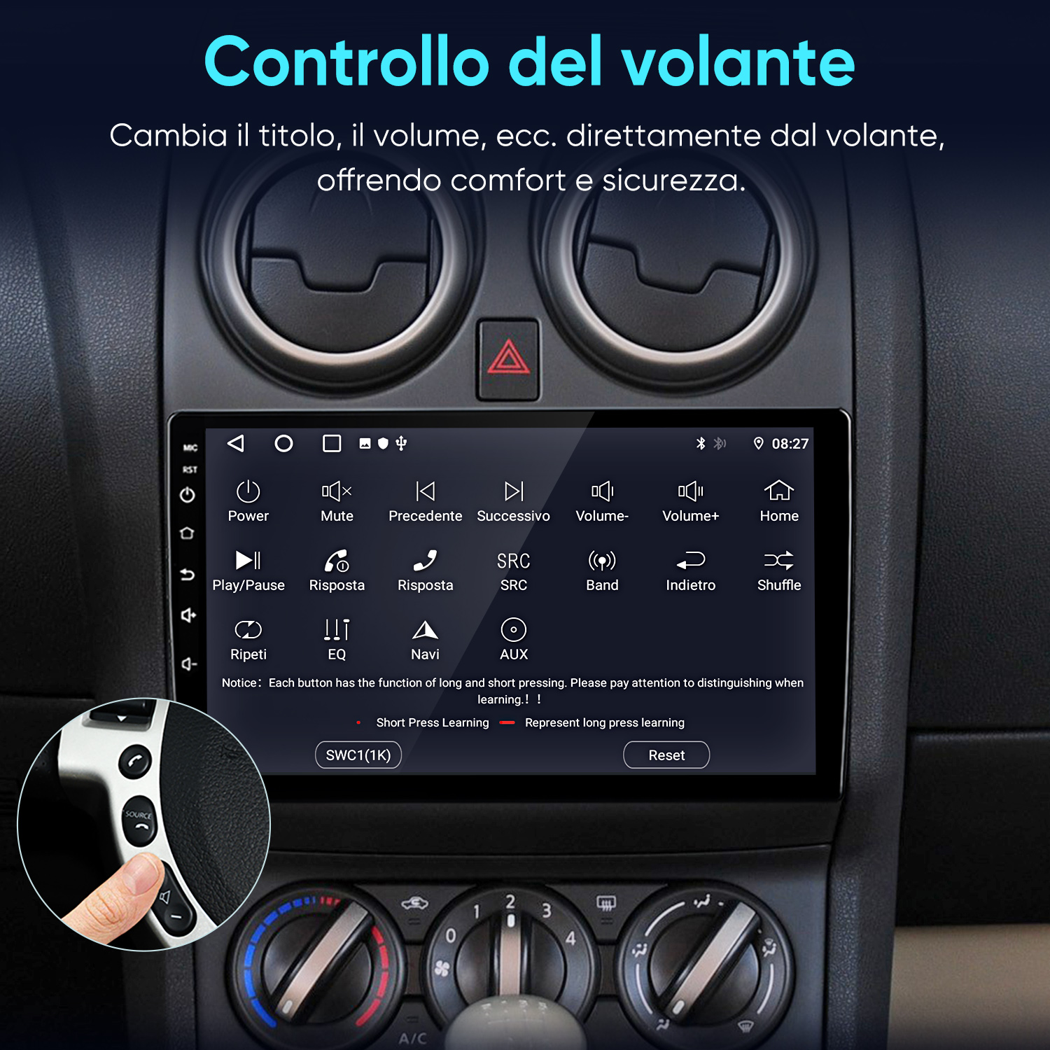 Un dito preme il pulsante "Source" sul volante di un'auto, visualizzato su uno schermo di infotainment.