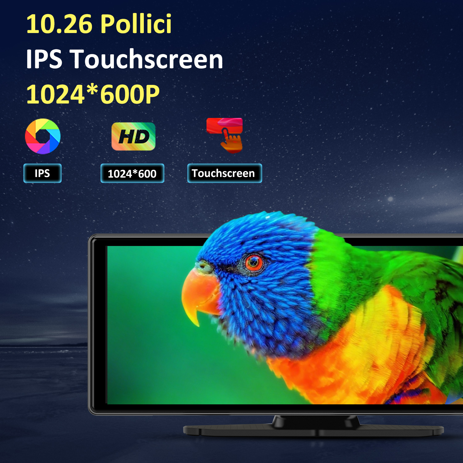 Un pappagallo colorato su uno schermo con testo "10.26 Pollici IPS Touchscreen".