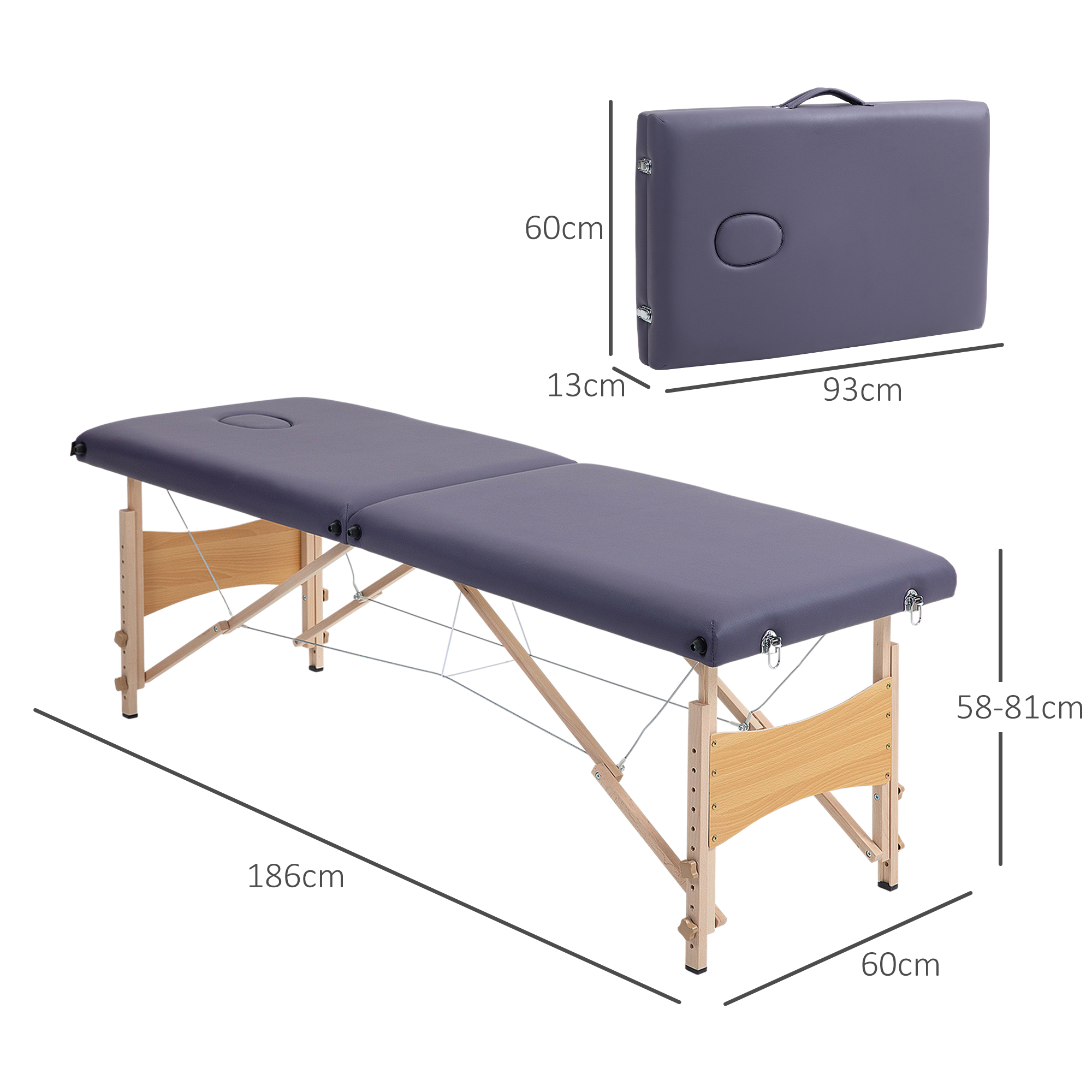 Mesa de masaje gris con patas de madera, se muestran las dimensiones.