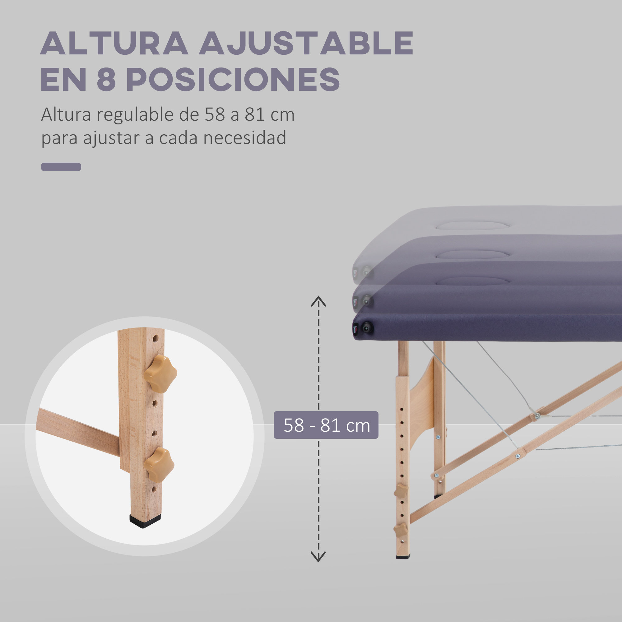 Mesa de masaje ajustable con altura de 58-81 cm y perillas.