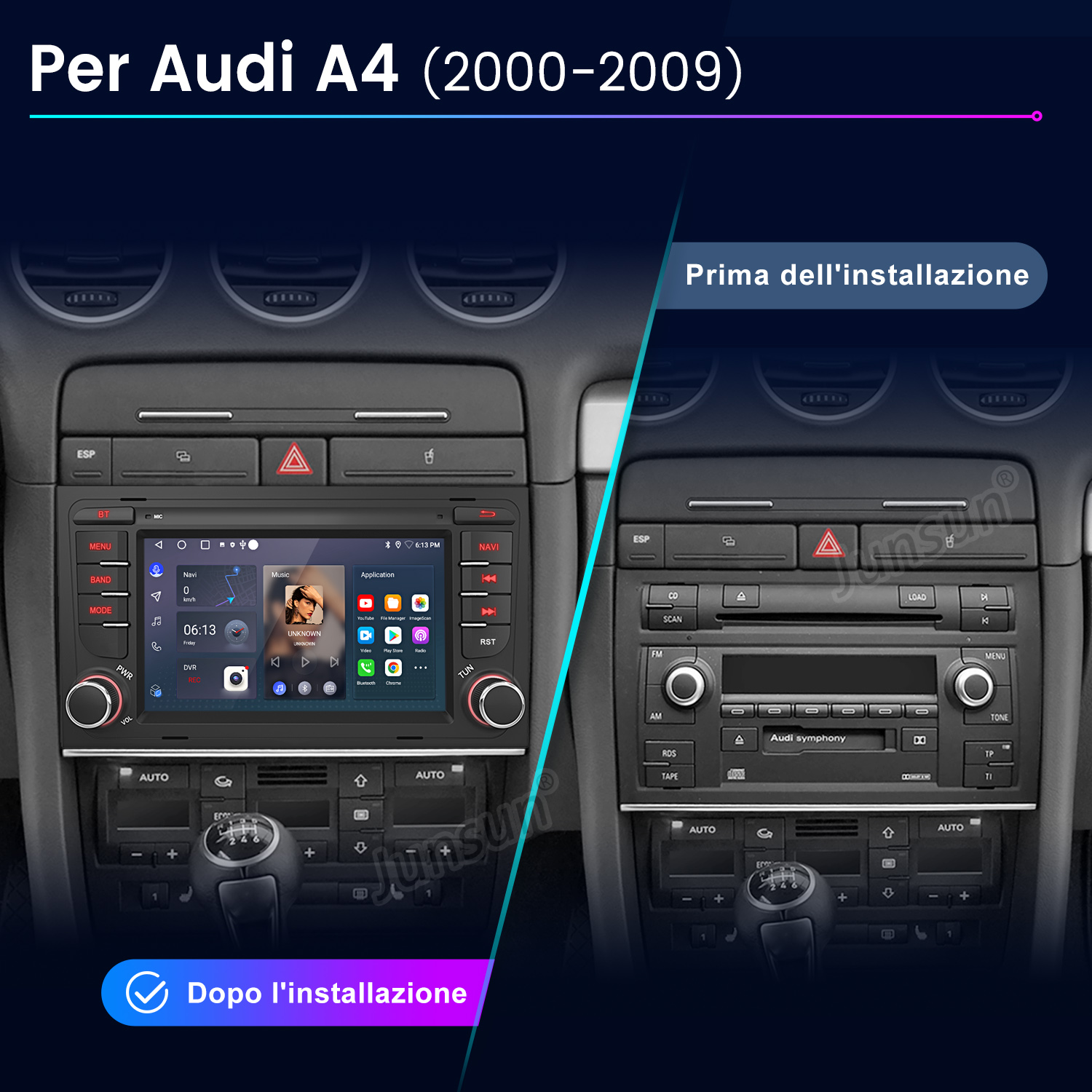 Confronto sistema infotainment Audi A4 prima e dopo installazione.