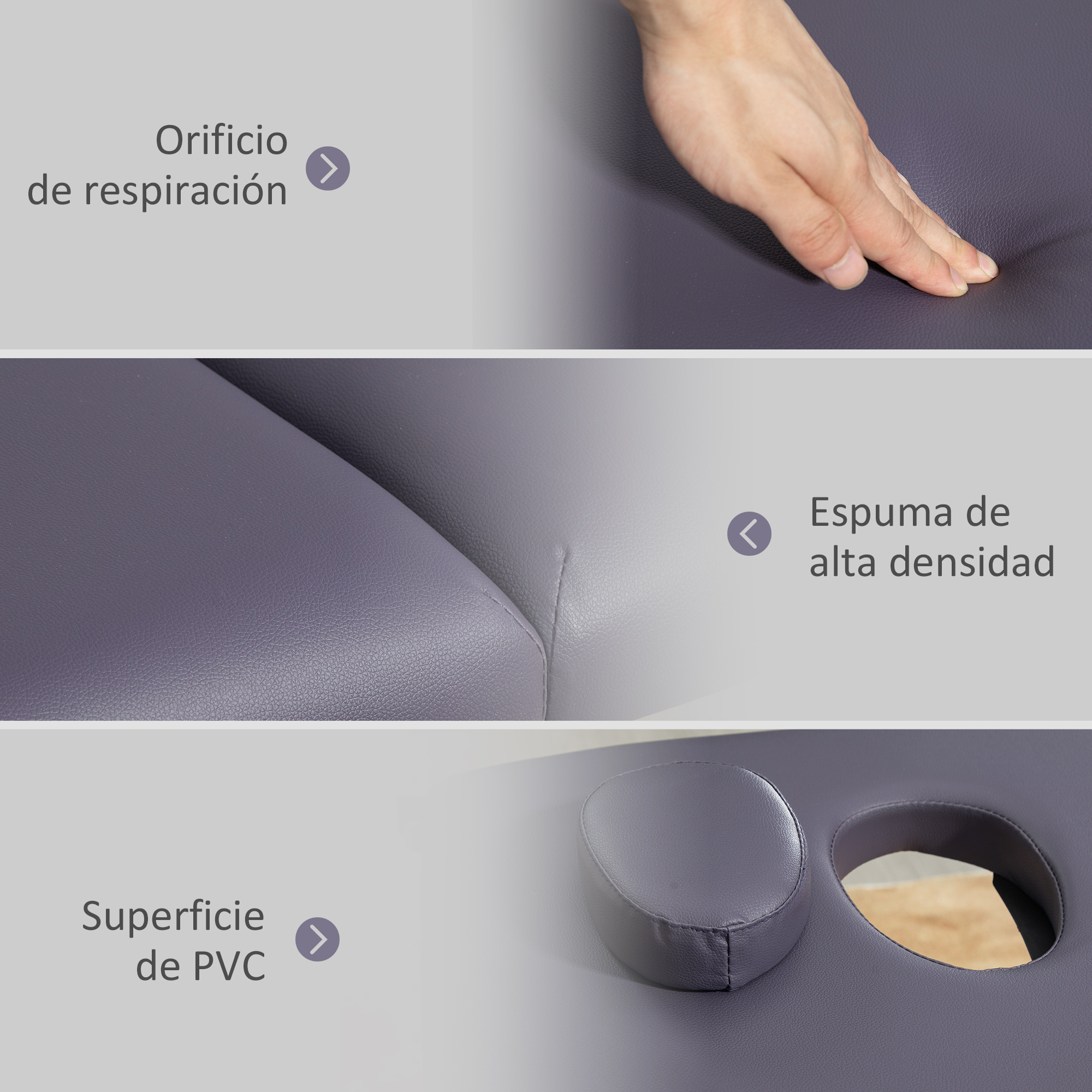 Detalles de una camilla de masaje morada, incluyendo un agujero facial.