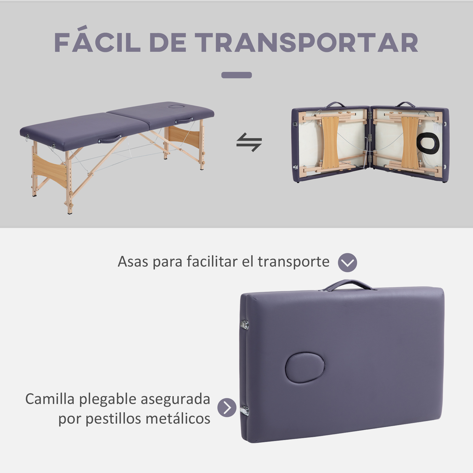 Una camilla de masaje gris, mostrada plegada y en su funda de transporte.