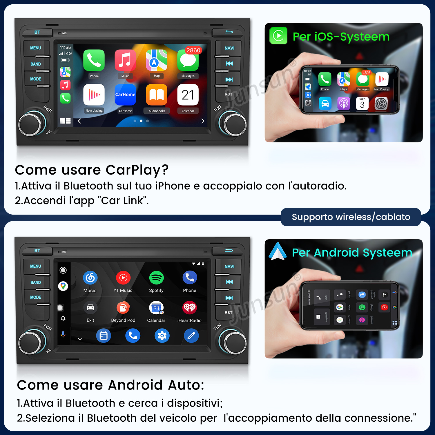 Sistema auto con CarPlay e Android Auto. Mostra menu e interfacce smartphone.