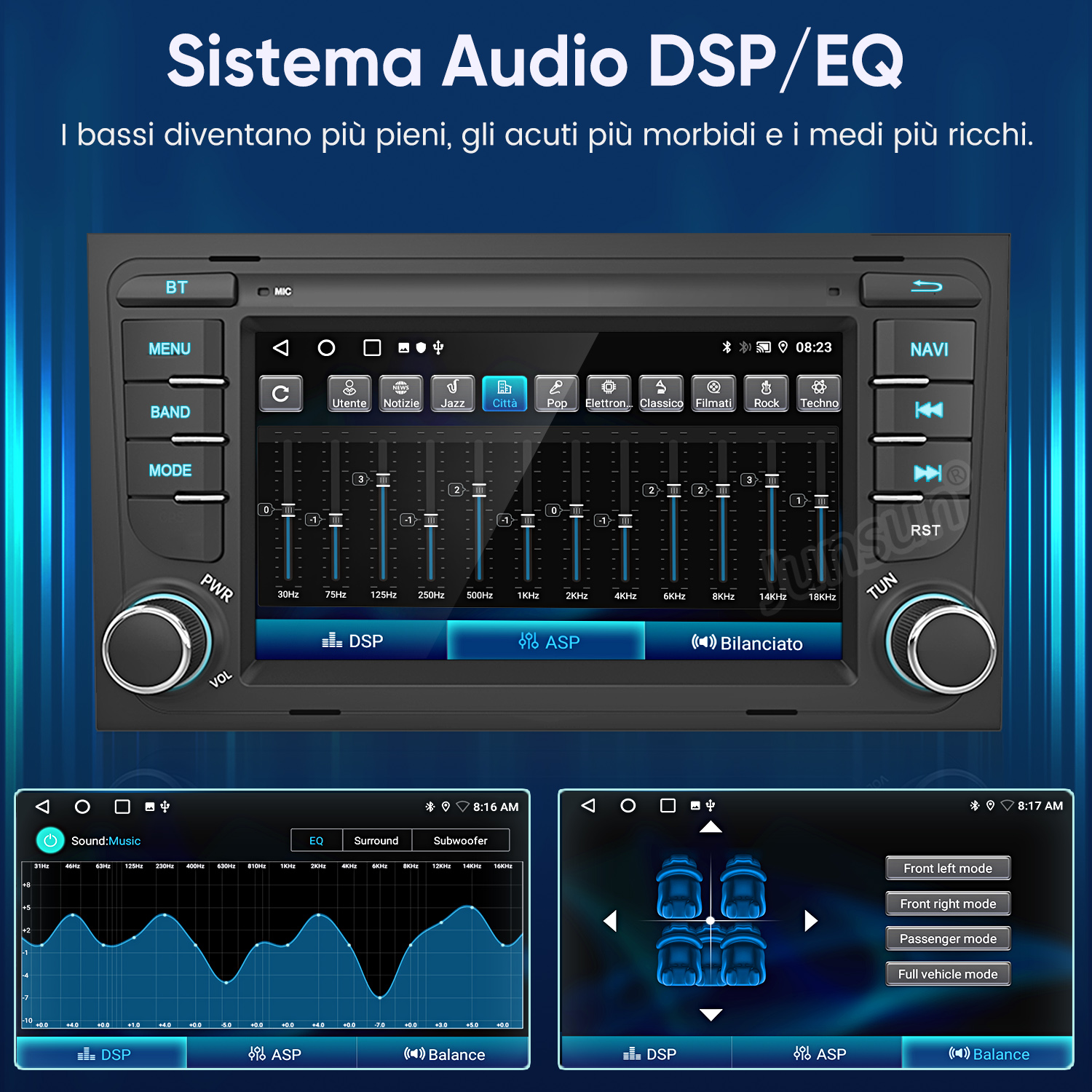 Display sistema audio auto con equalizzatore e impostazioni.