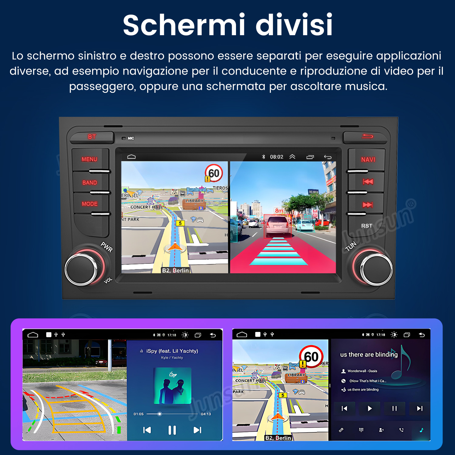 Display auto mostra navigazione e lettore musicale. Sinistra mappa, destra vista telecamera retromarcia.