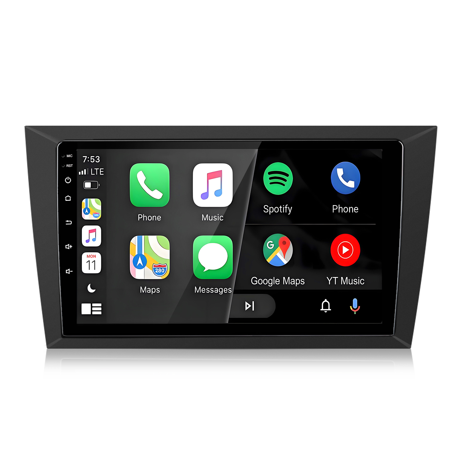 Un touchscreen dell'autoradio mostra app per smartphone: Telefono, Musica, Spotify, Mappe, ecc.