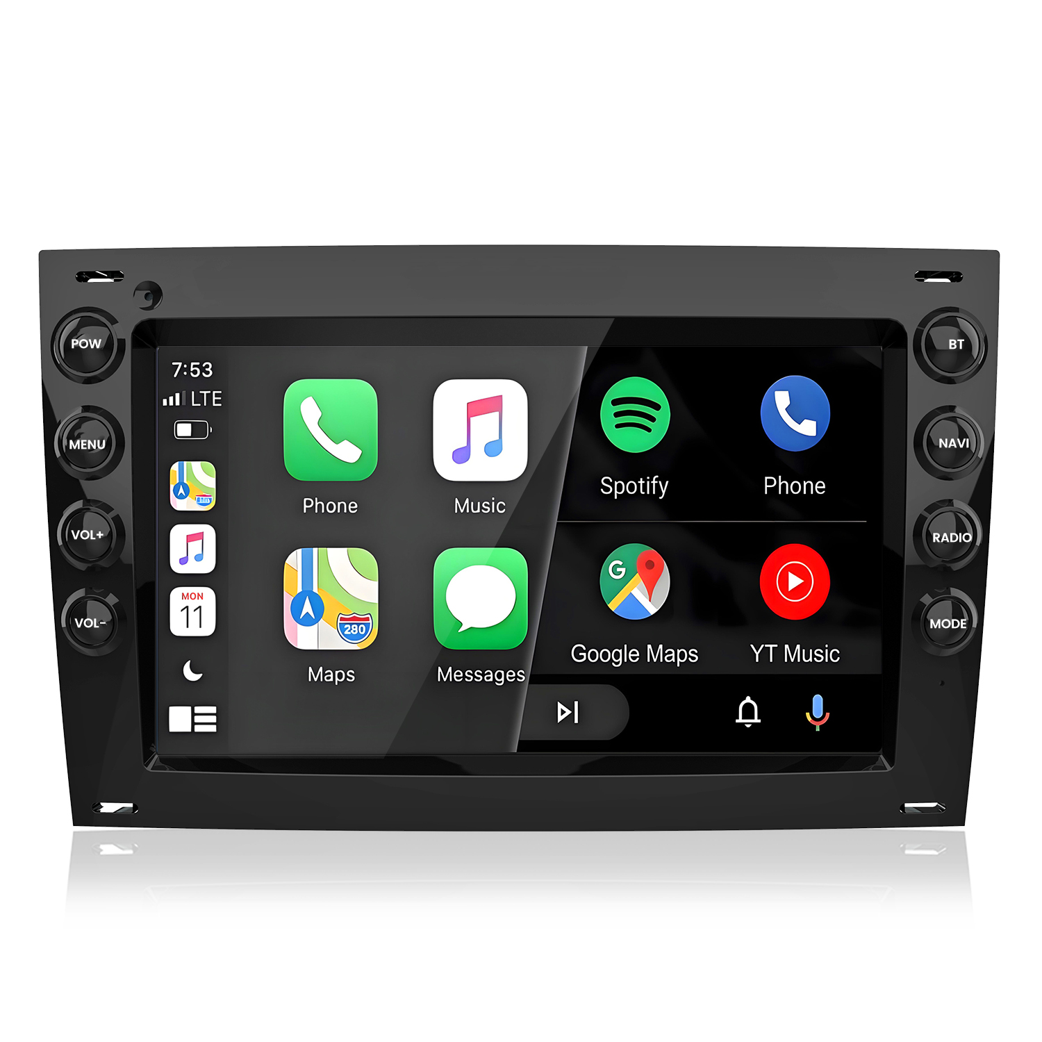 Schermo infotainment auto mostra app: Telefono, Musica, Spotify, Mappe, Google Maps, YT Music.