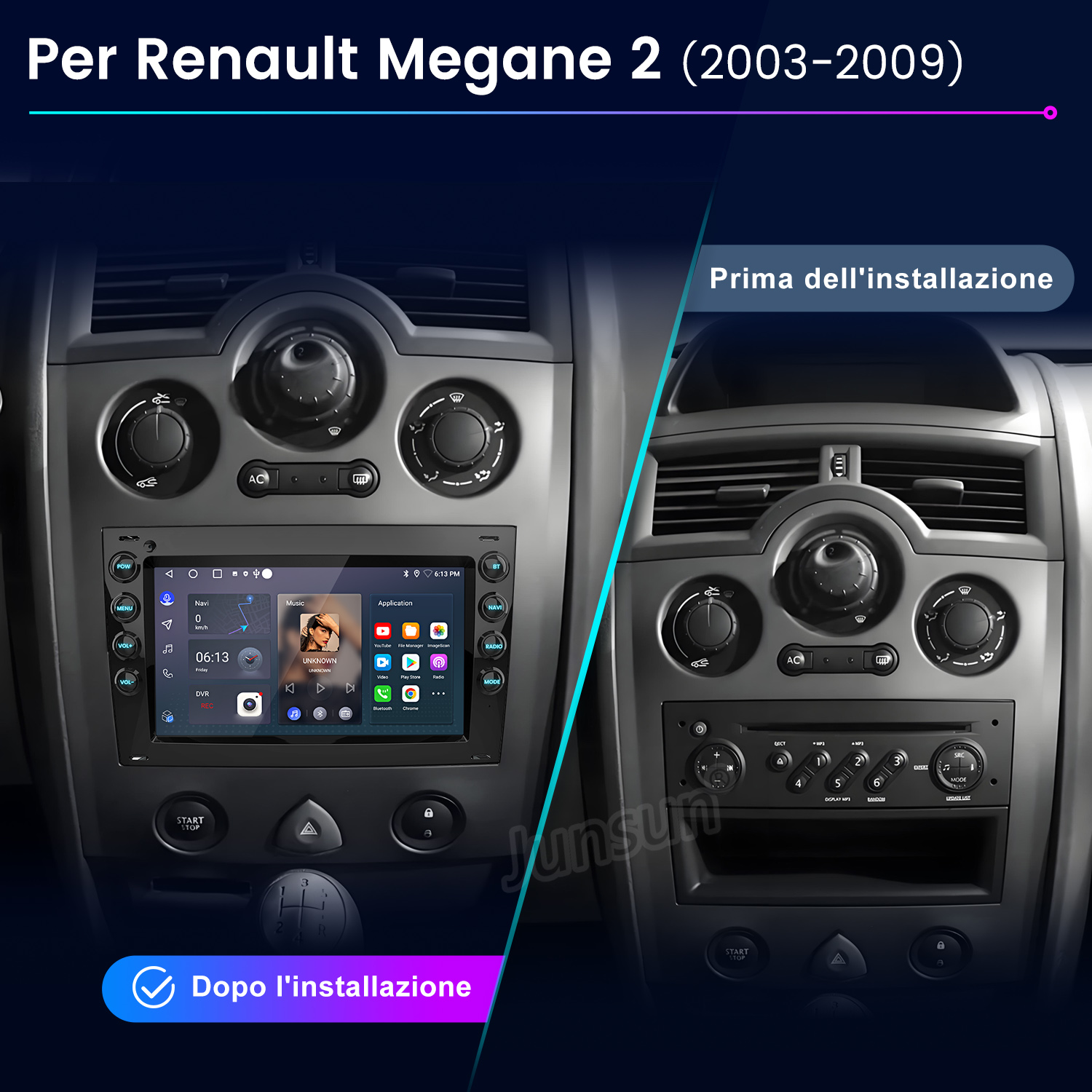 Confronto prima e dopo di una autoradio Renault Megane 2 con touchscreen.