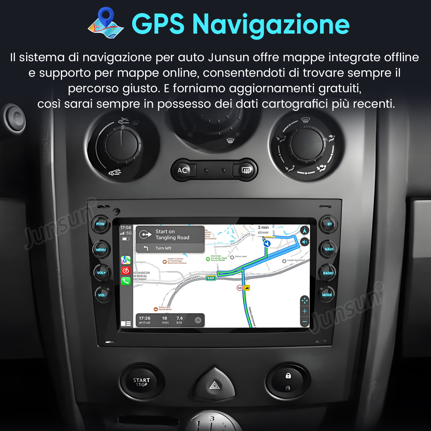 Cruscotto auto con navigatore GPS che mostra una mappa. Testo in italiano.