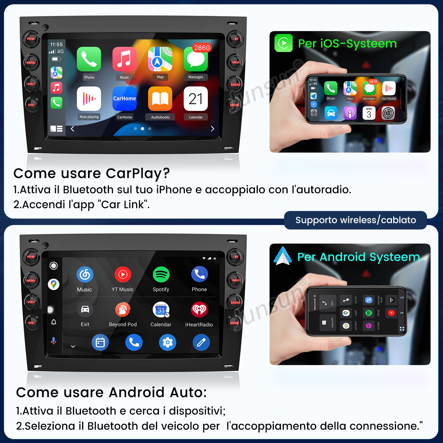 CarPlay e Android Auto su display auto. Telefoni iPhone e Android con app.