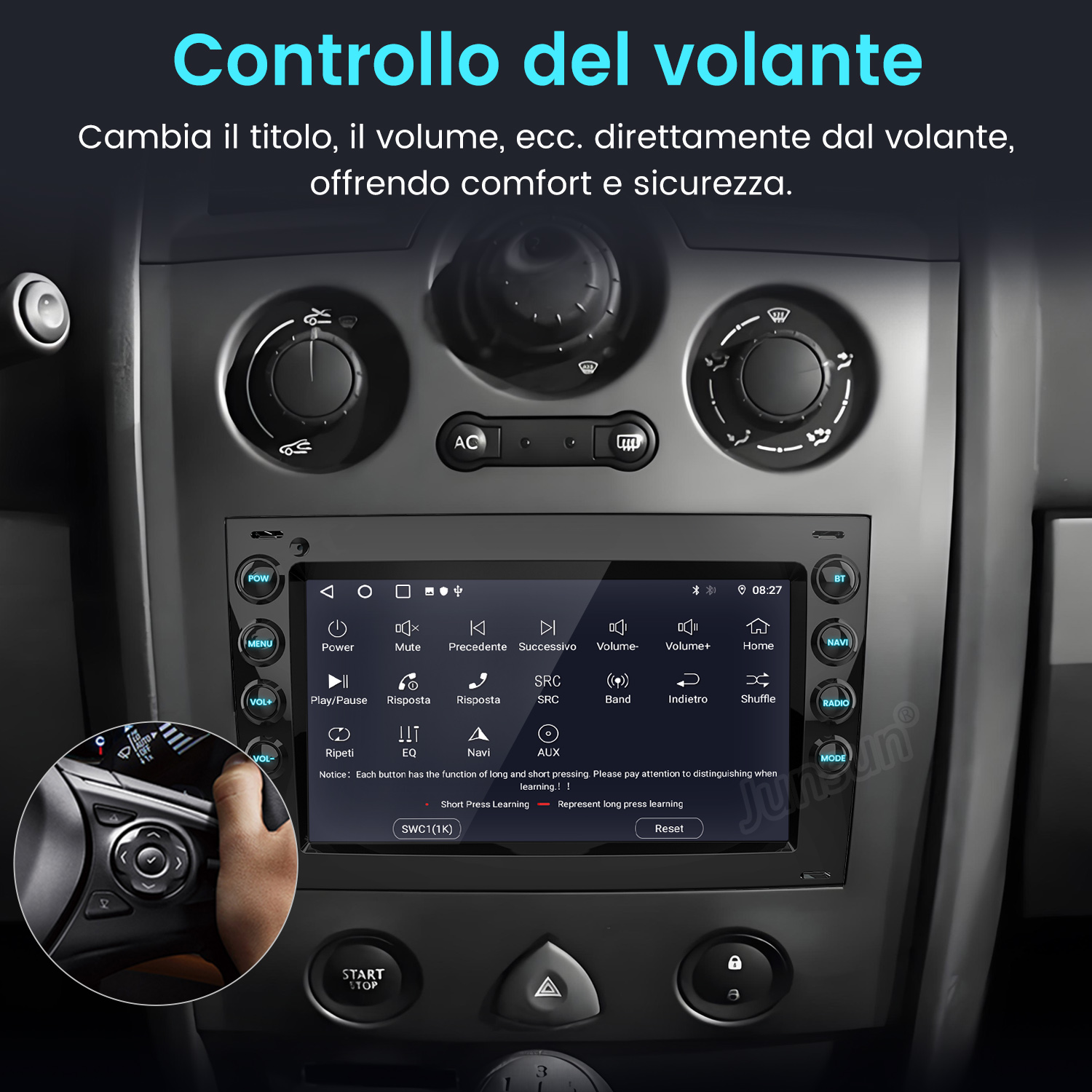 Sistema di infotainment per auto con comandi al volante e display touchscreen.