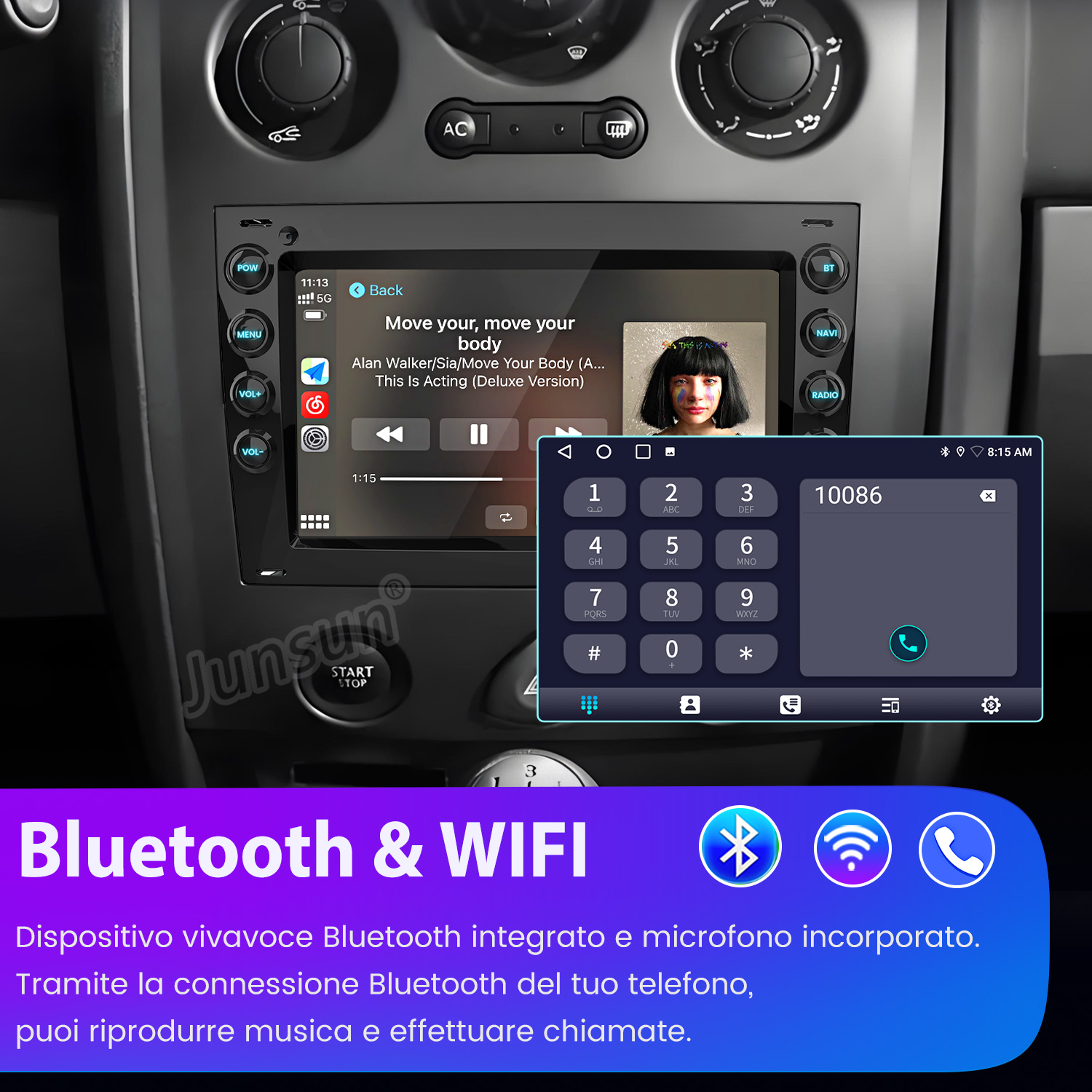 Schermo infotainment auto con musica, tastierino e navigazione.