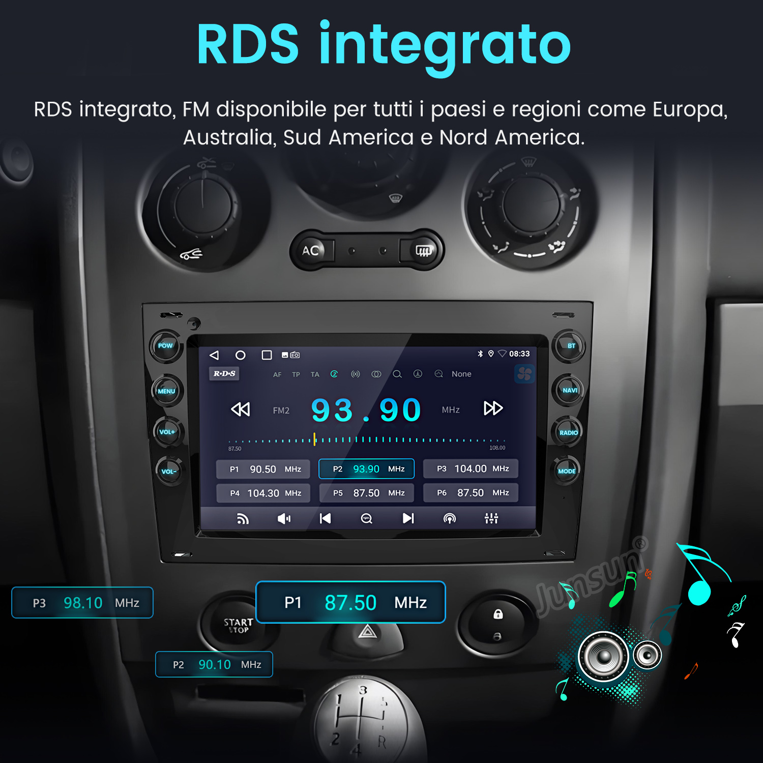 Schermo autoradio mostra RDS, frequenze FM e controlli.