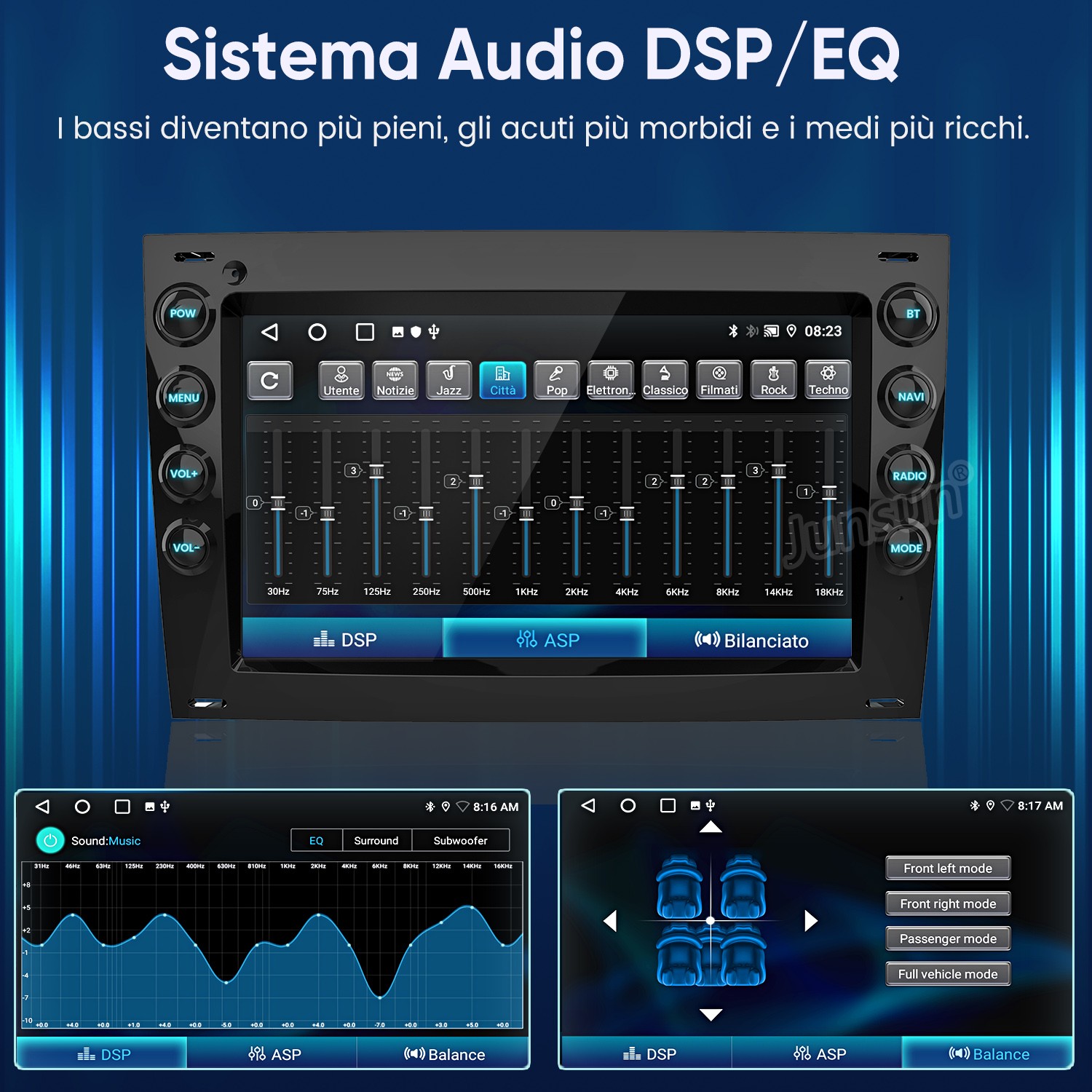 Display sistema audio DSP/EQ con equalizzatore e impostazioni audio.